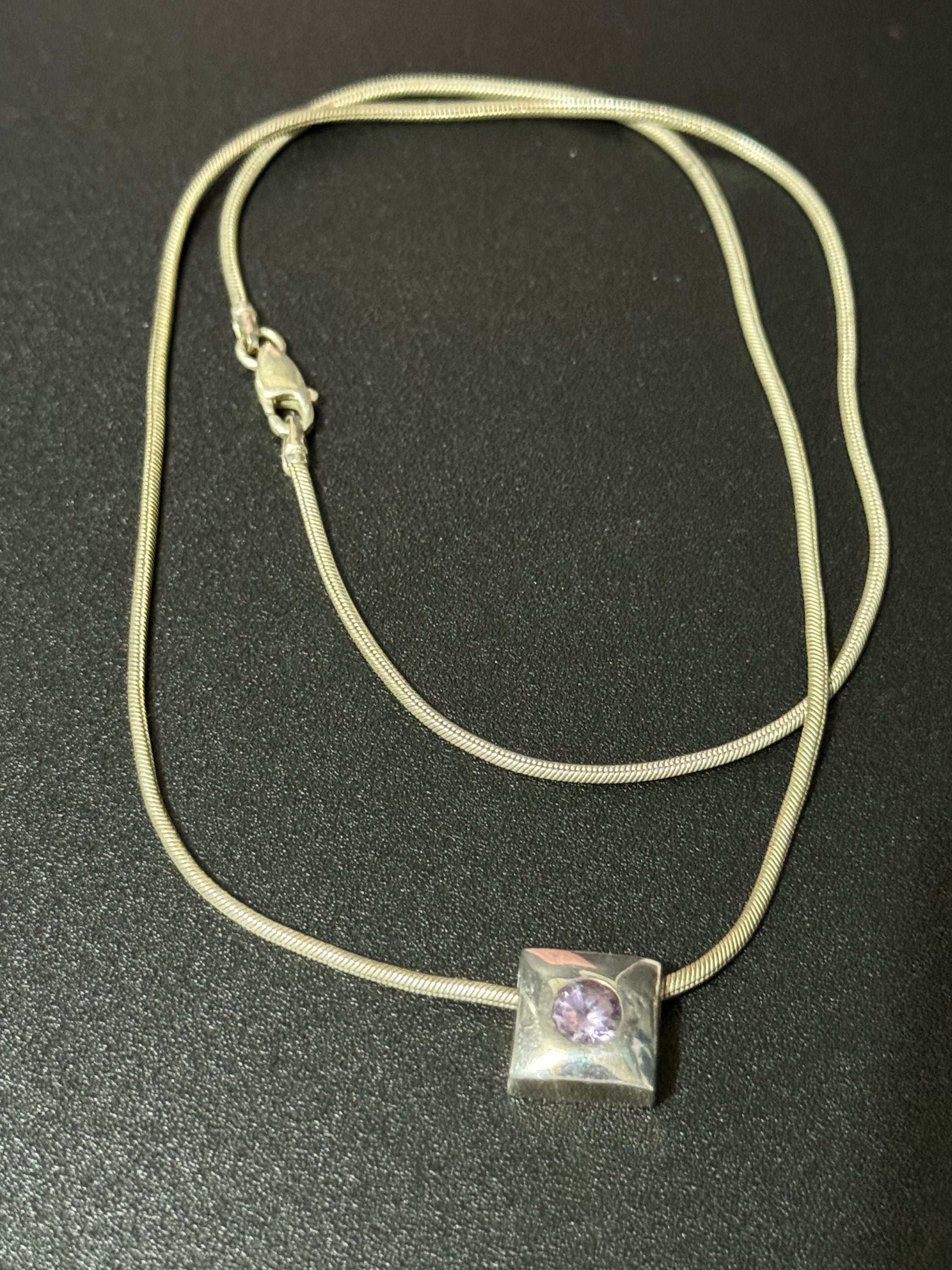 925 sterling silver clear CZ diamanté modernist square boxes pendant on a chain