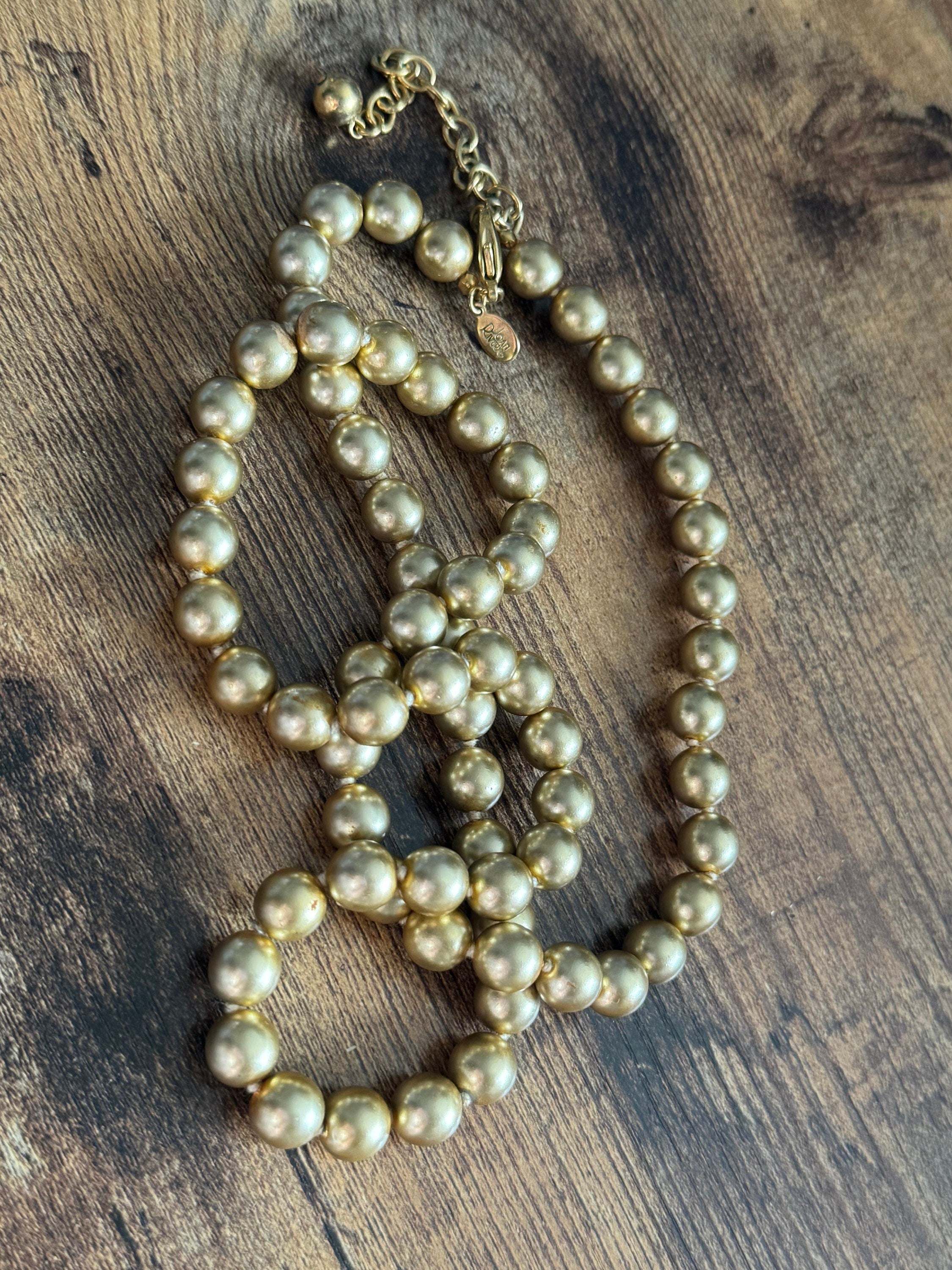 Signed Joan Rivers long gold faux glass pearl beaded necklace 75-84cm