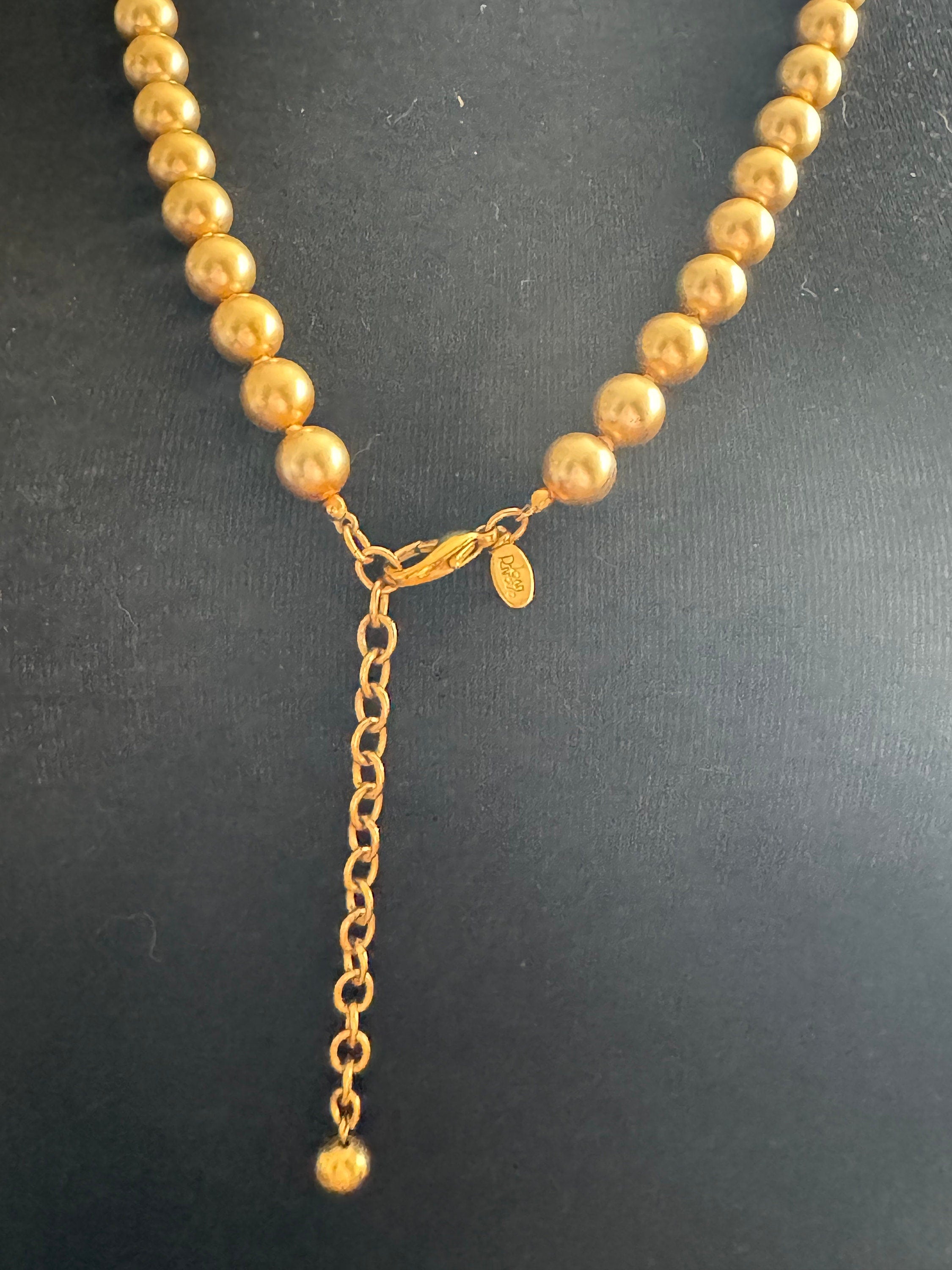 Signed Joan Rivers long gold faux glass pearl beaded necklace 75-84cm