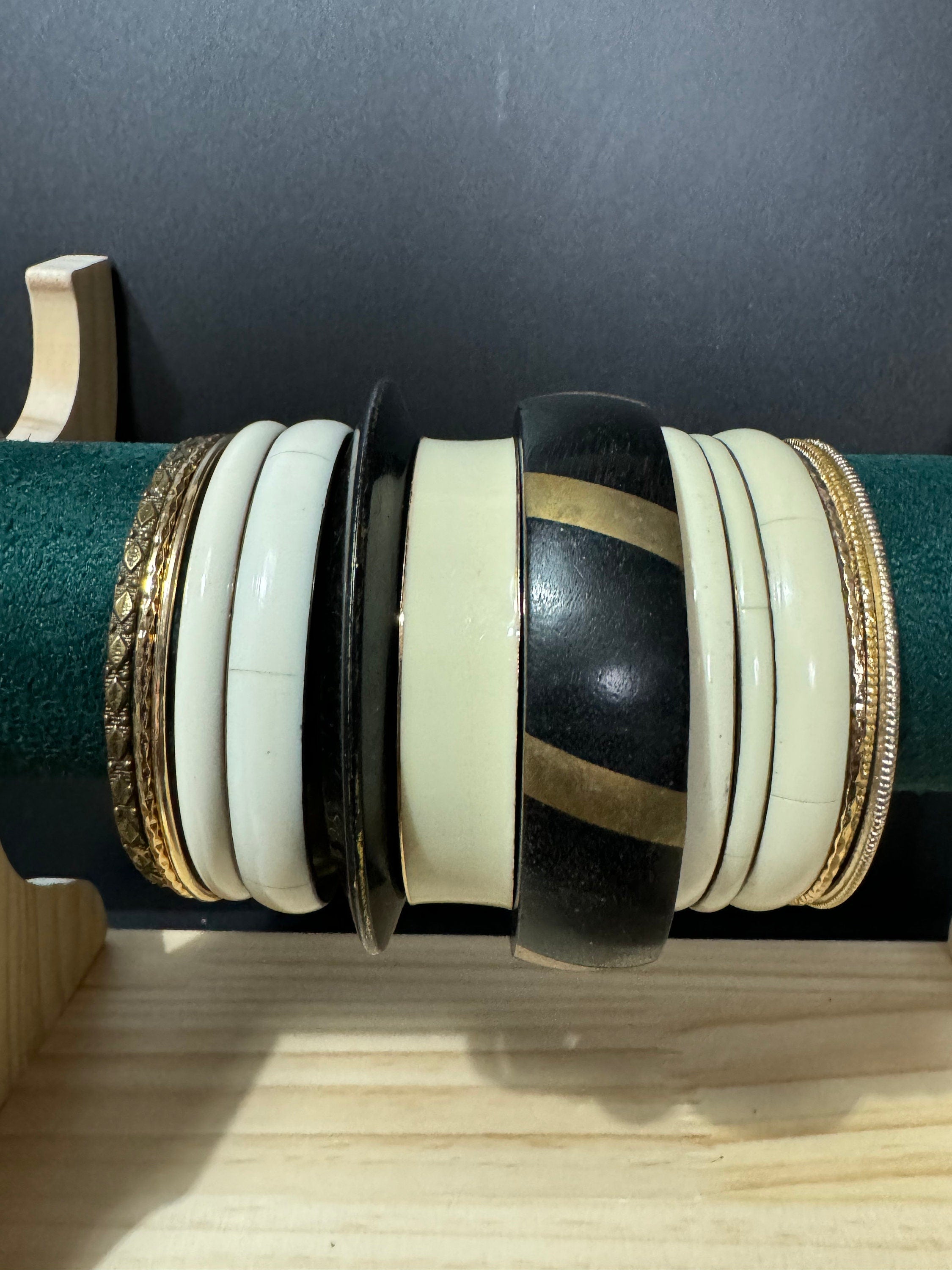 Armful of vintage cream black and gold tones slim and wide tacking boho bangles