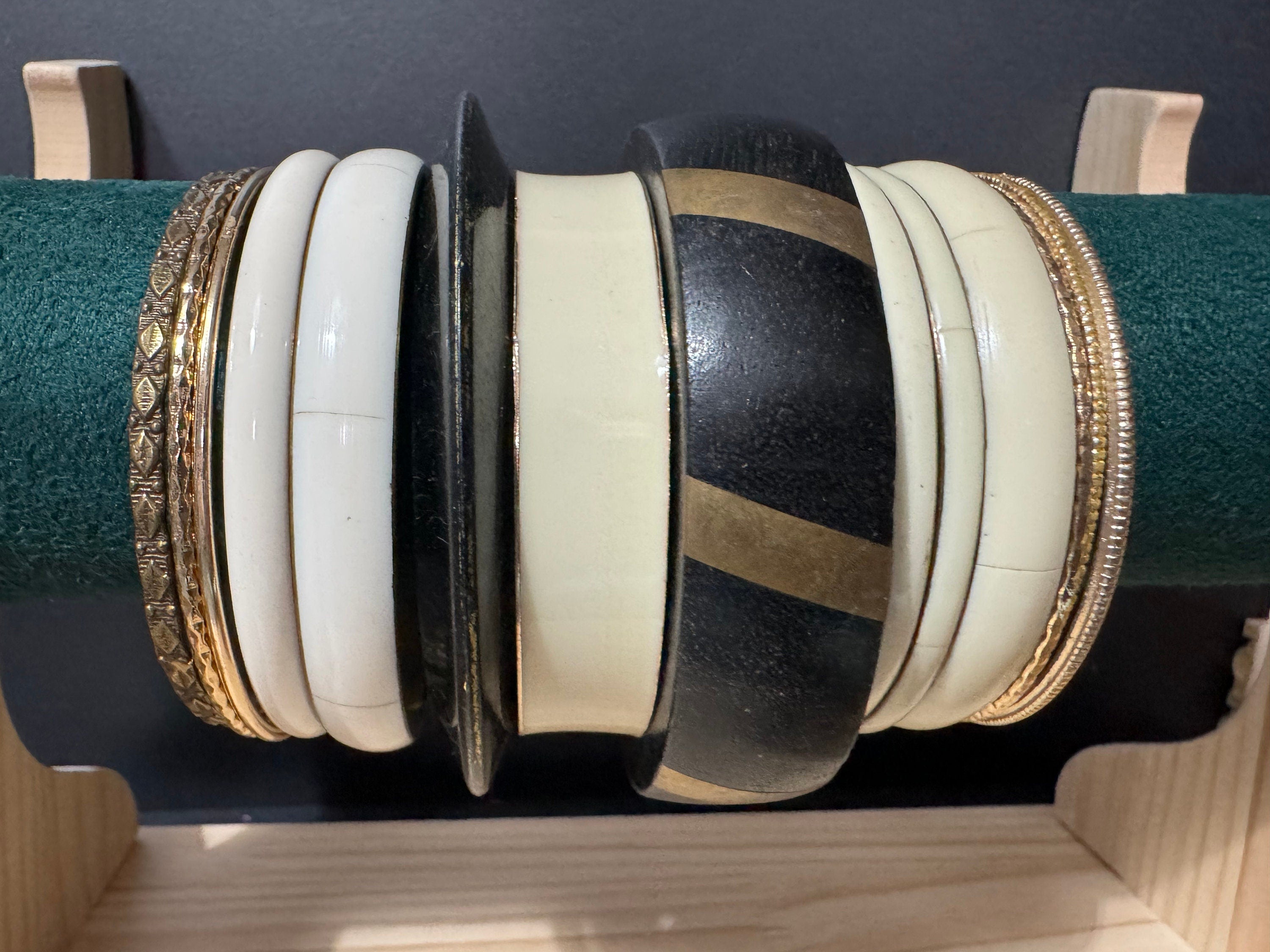 Armful of vintage cream black and gold tones slim and wide tacking boho bangles