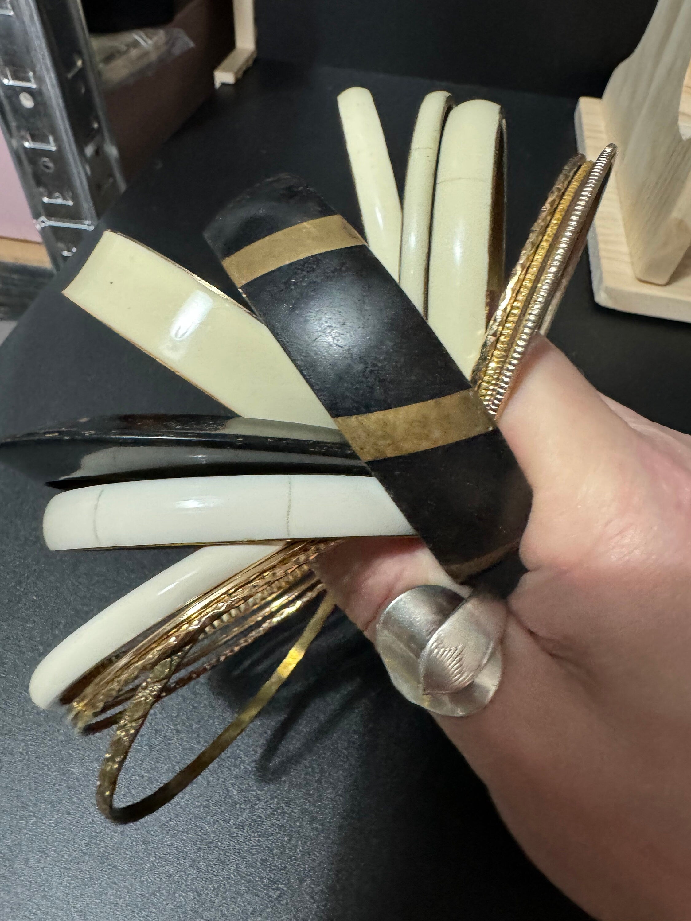 Armful of vintage cream black and gold tones slim and wide tacking boho bangles