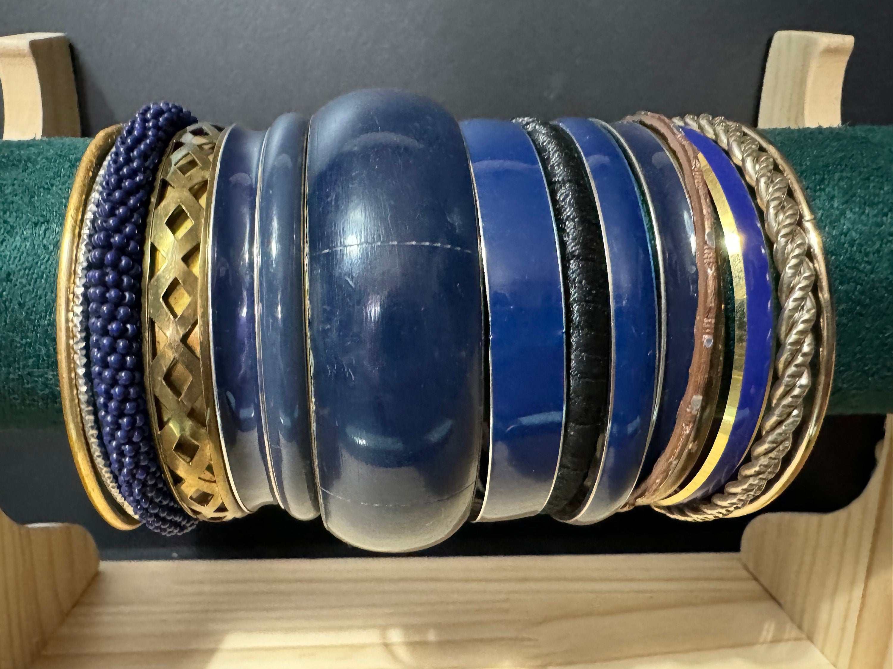 Armful of vintage Navy blue and gold tones slim and wide tacking boho bangles