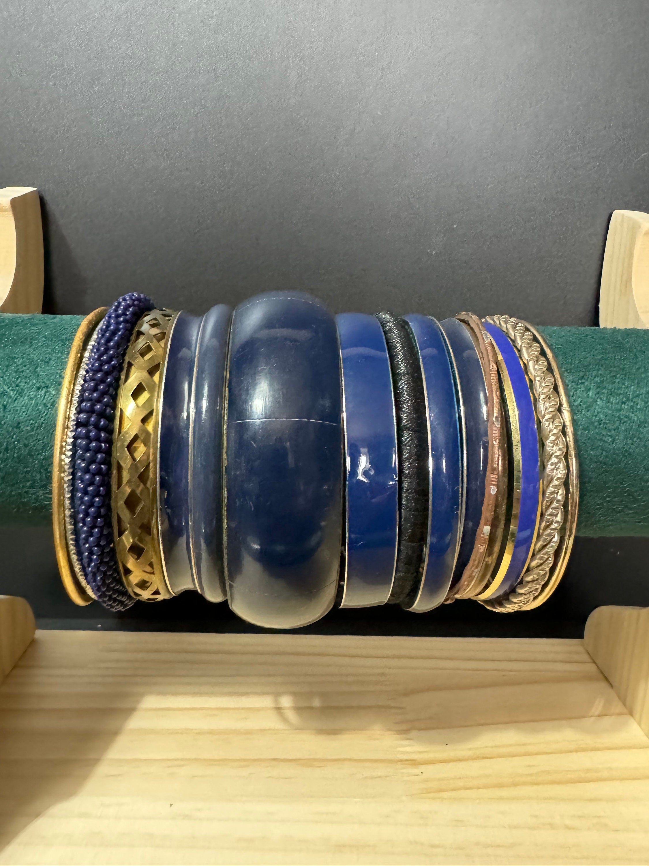 Armful of vintage Navy blue and gold tones slim and wide tacking boho bangles