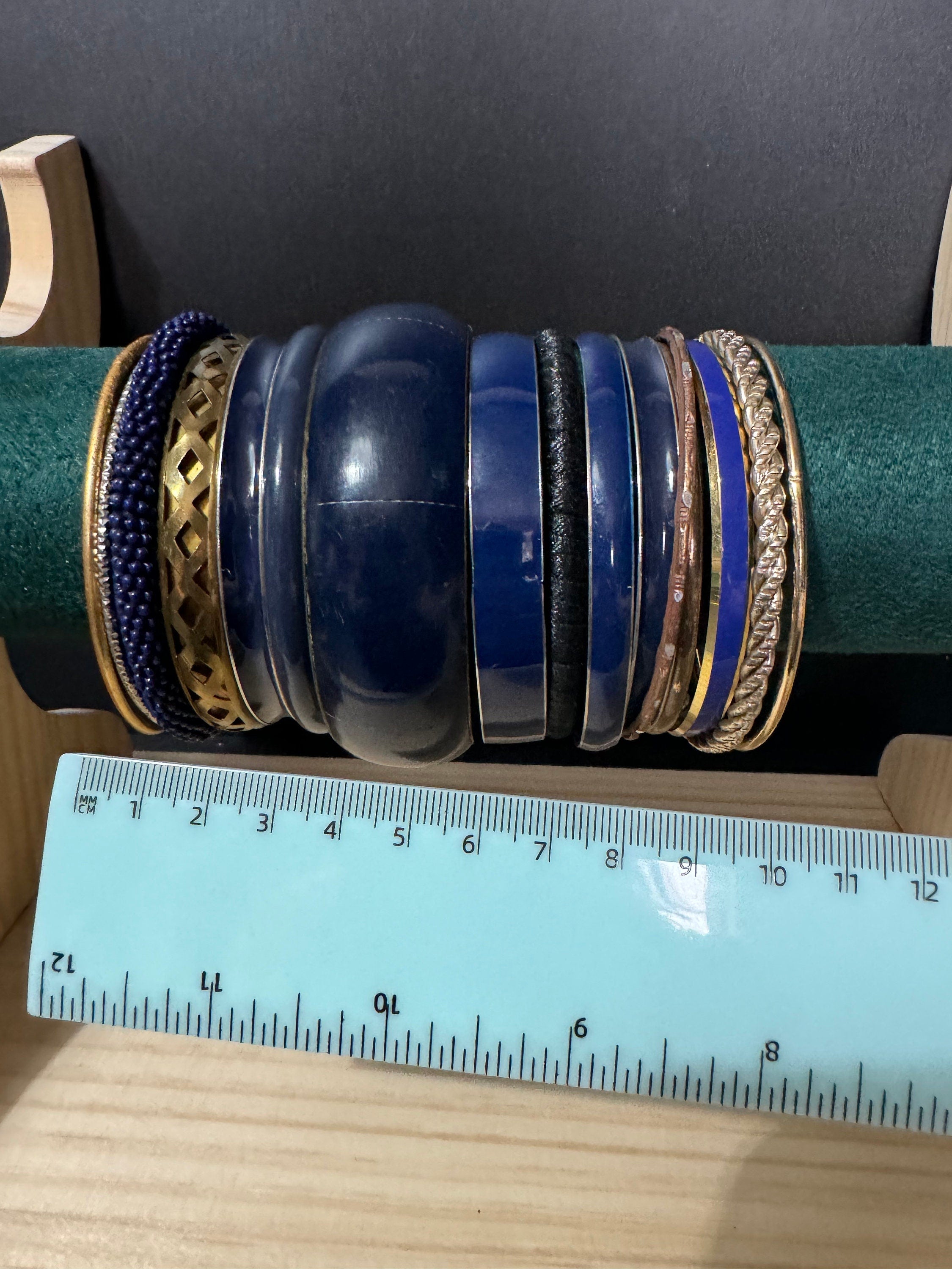 Armful of vintage Navy blue and gold tones slim and wide tacking boho bangles