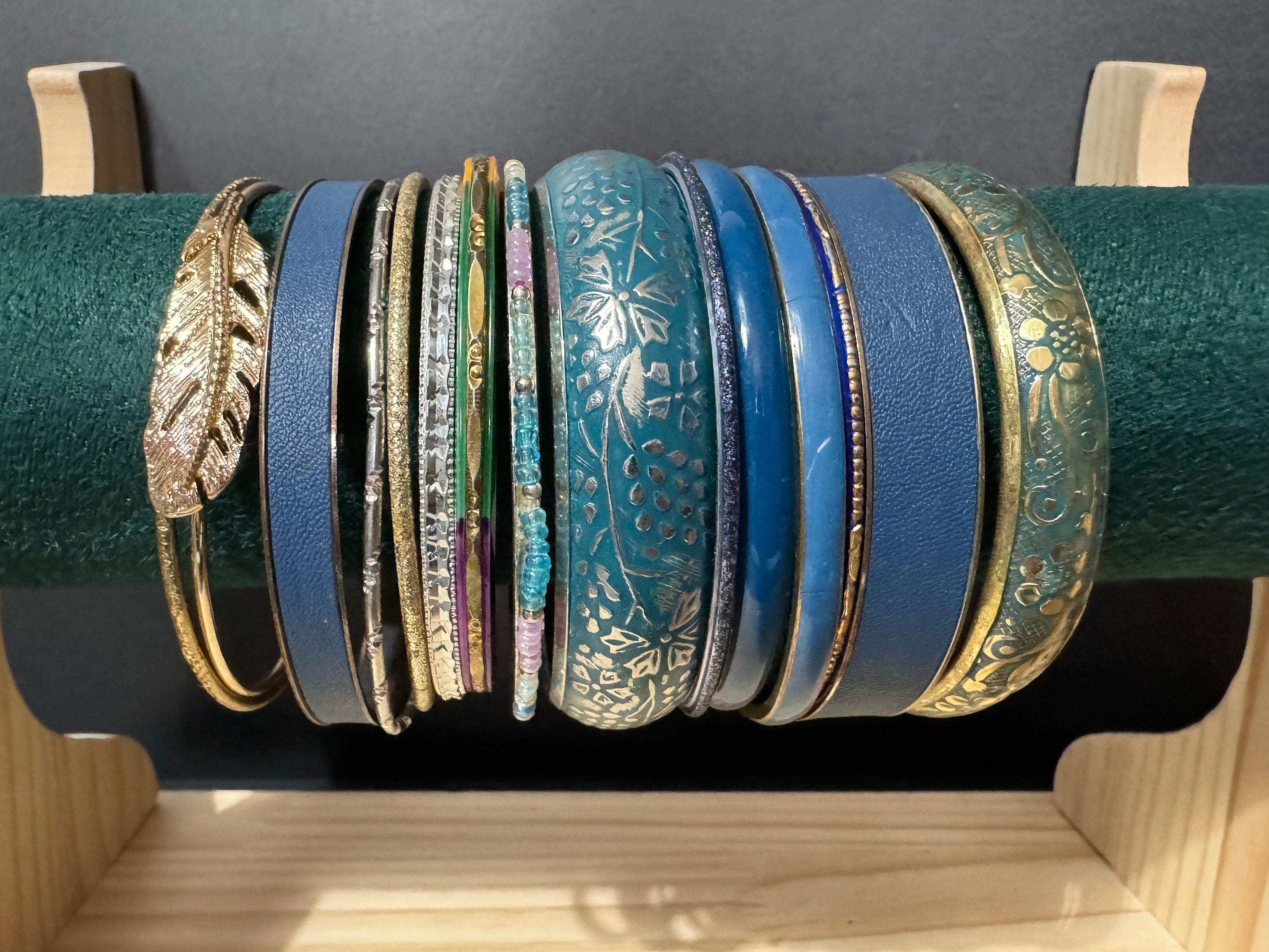Armful of vintage blue and gold tones slim and wide tacking boho bangles