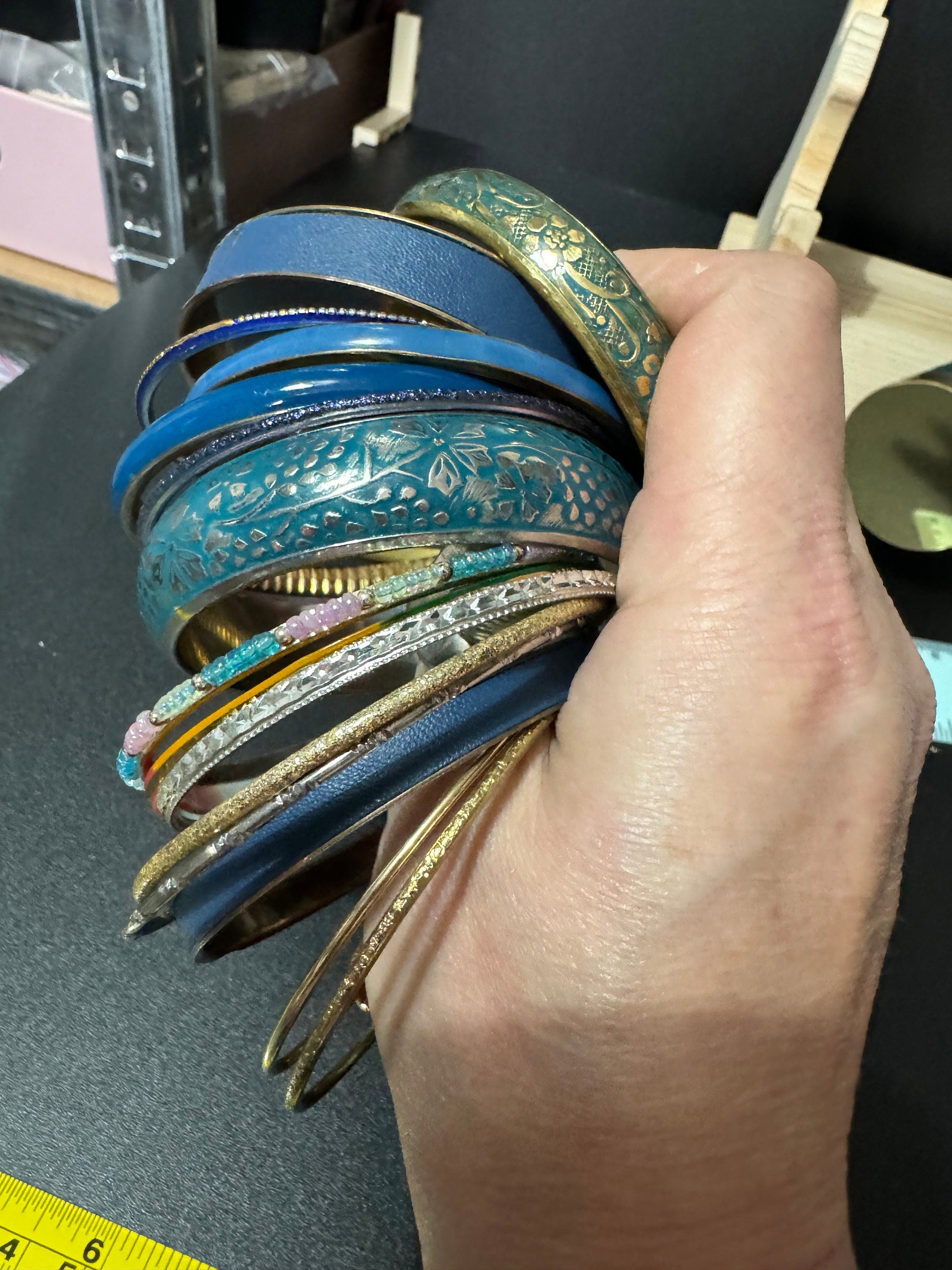 Armful of vintage blue and gold tones slim and wide tacking boho bangles
