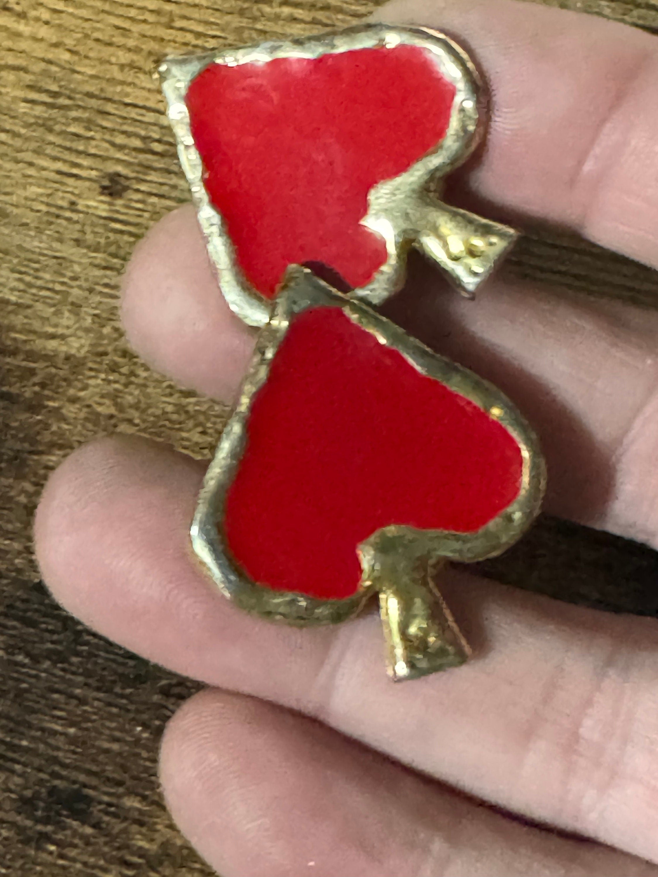 Vintage Spades Earrings: Gold Tone Red Enamel Studs
