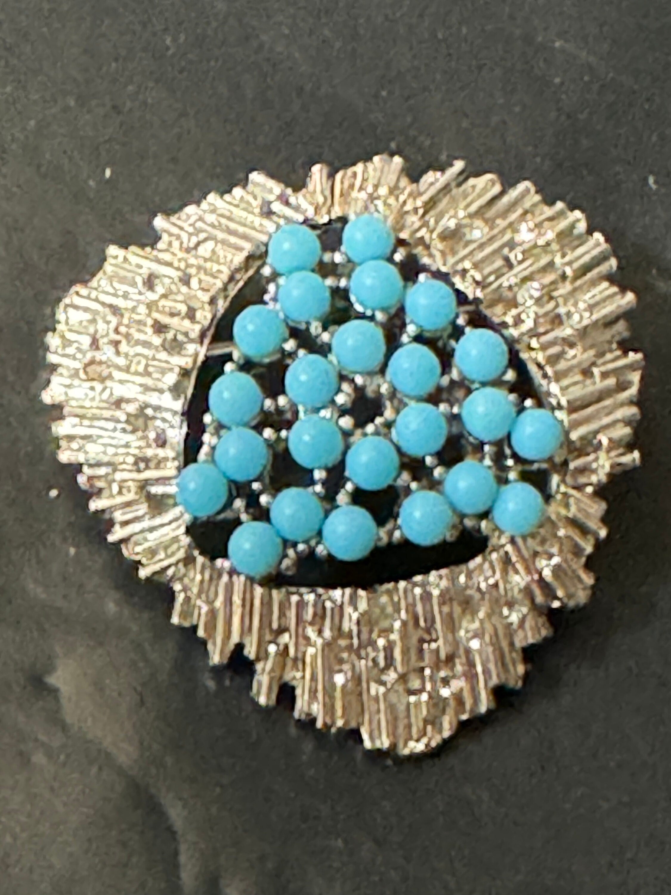 True vintage 1970s modernist silver abstract triangular brutalist brooch with turquoise cabochons 3.5cm