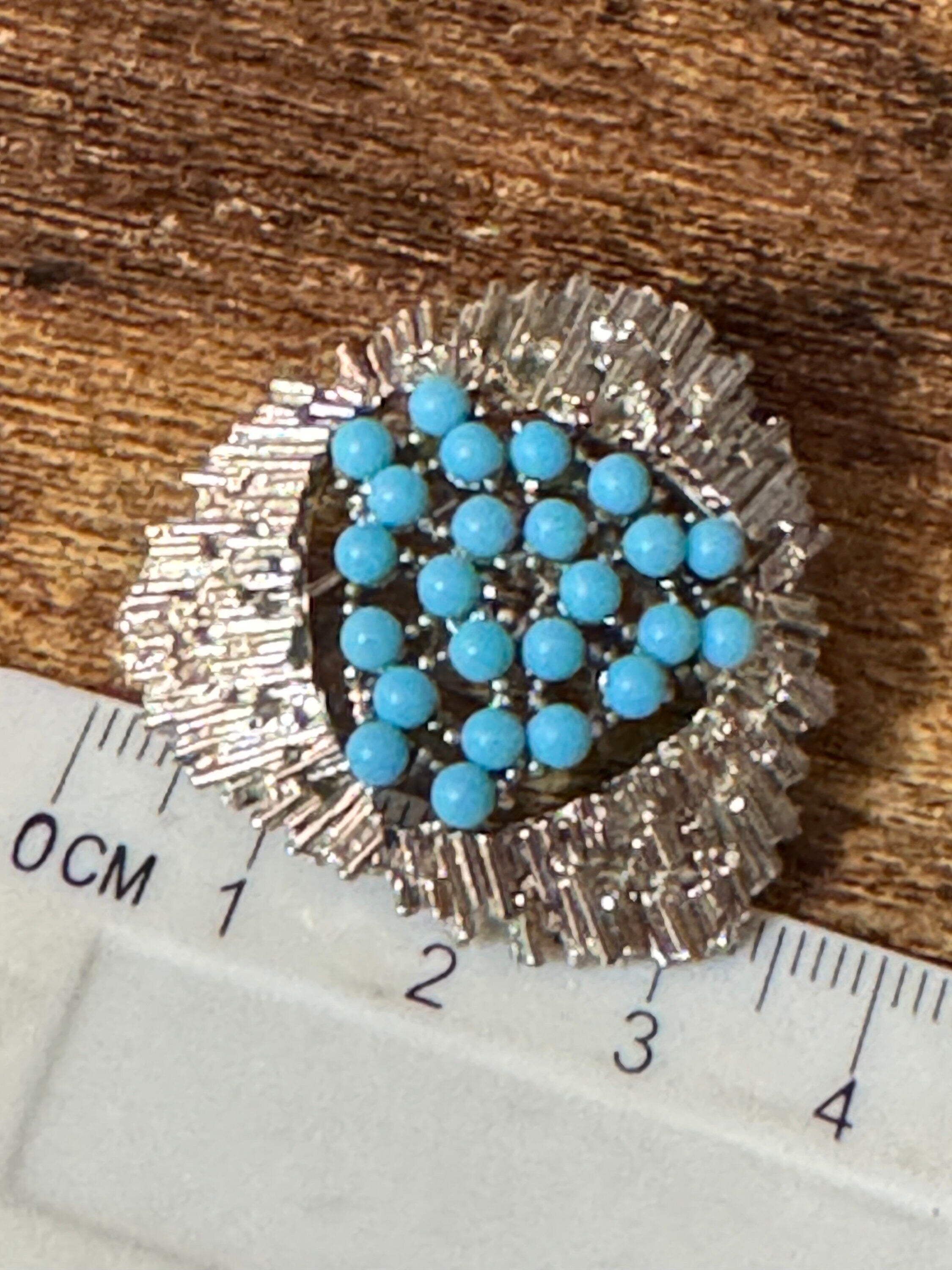 True vintage 1970s modernist silver abstract triangular brutalist brooch with turquoise cabochons 3.5cm