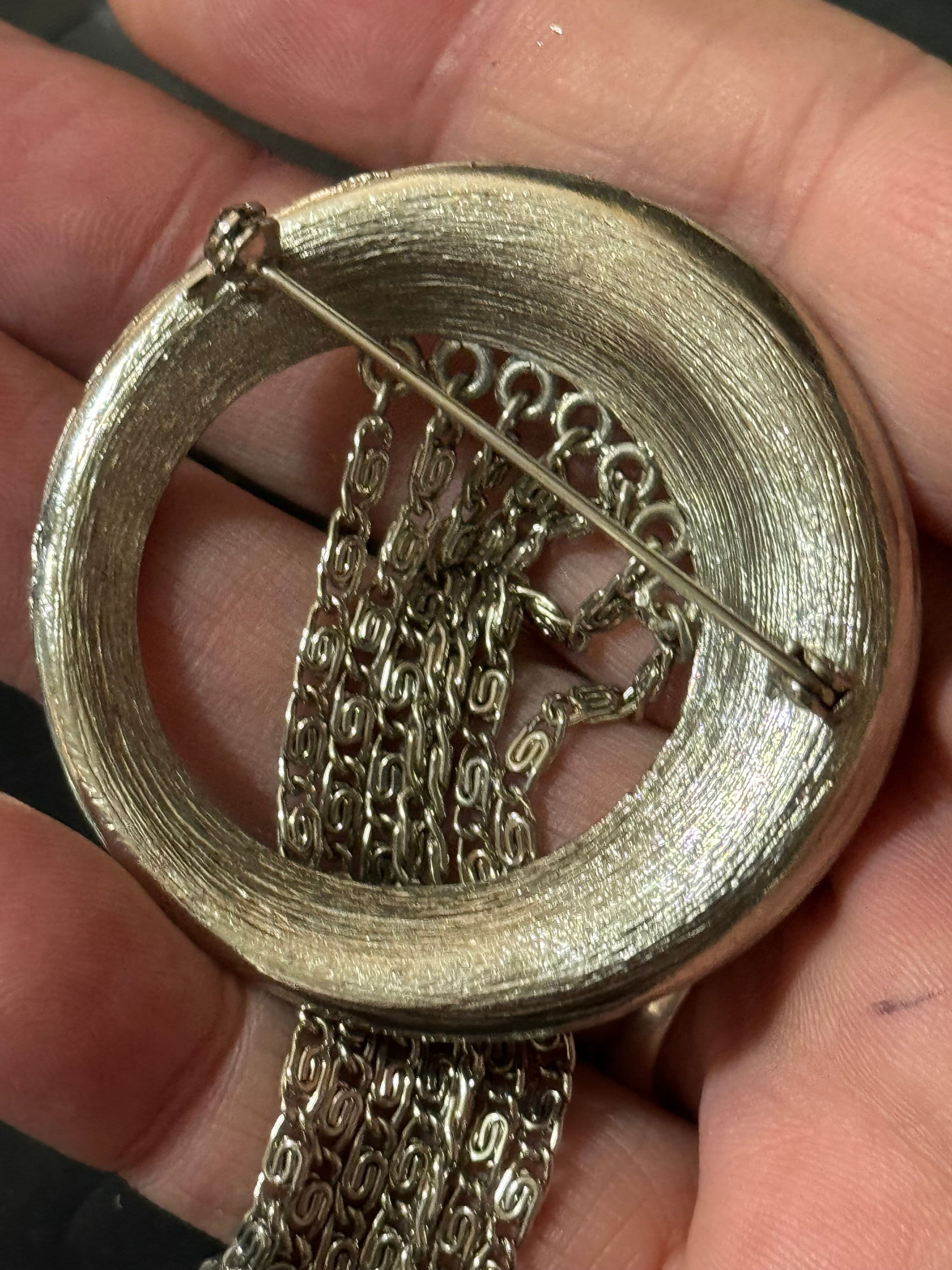 True vintage 1970s modernist large silver abstract chain link tassel brooch 11cm