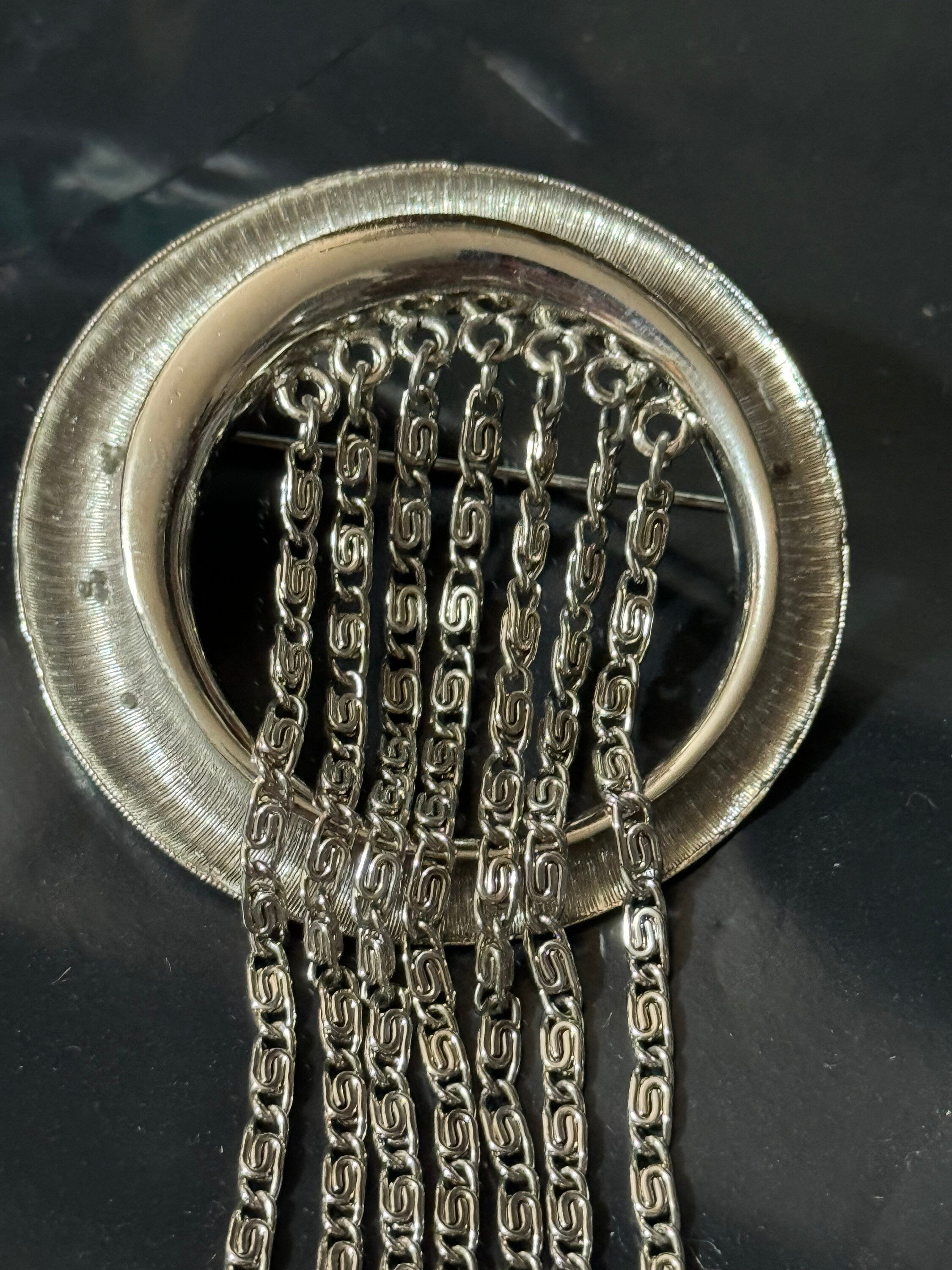 True vintage 1970s modernist large silver abstract chain link tassel brooch 11cm