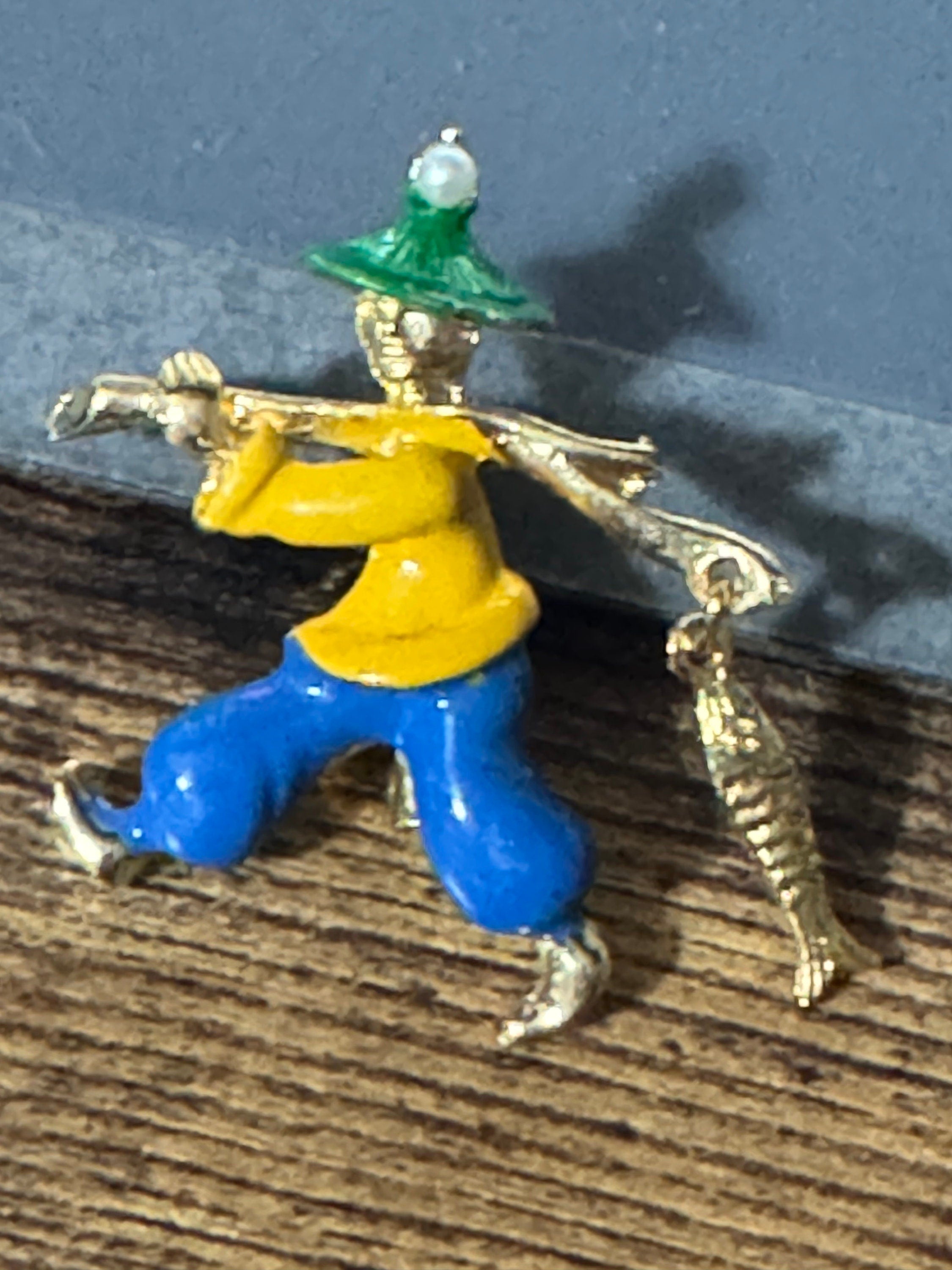 Vintage blue yellow green enamel China man Chinese fisherman dangly fish brooch 1960s
