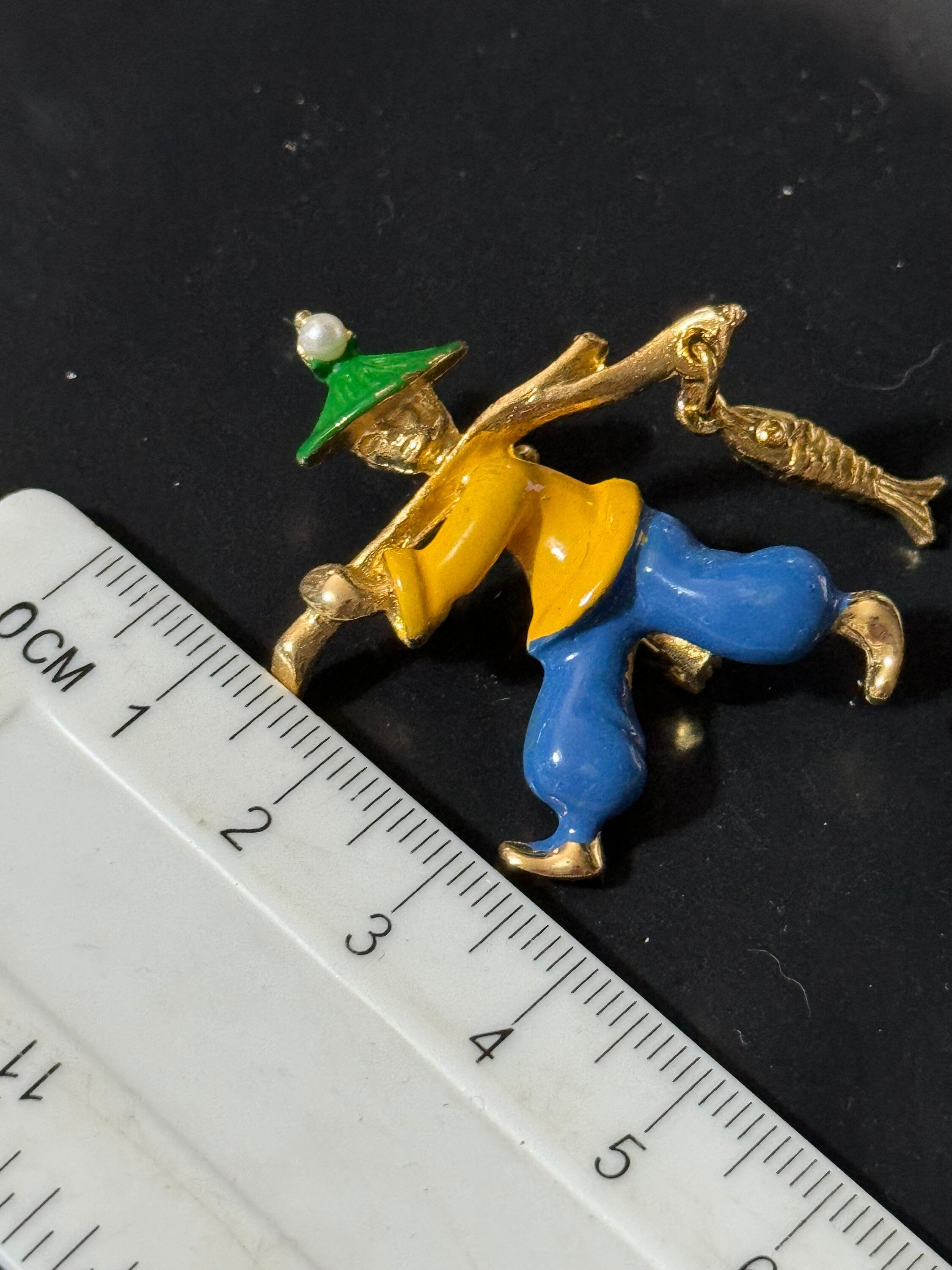 Vintage blue yellow green enamel China man Chinese fisherman dangly fish brooch 1960s