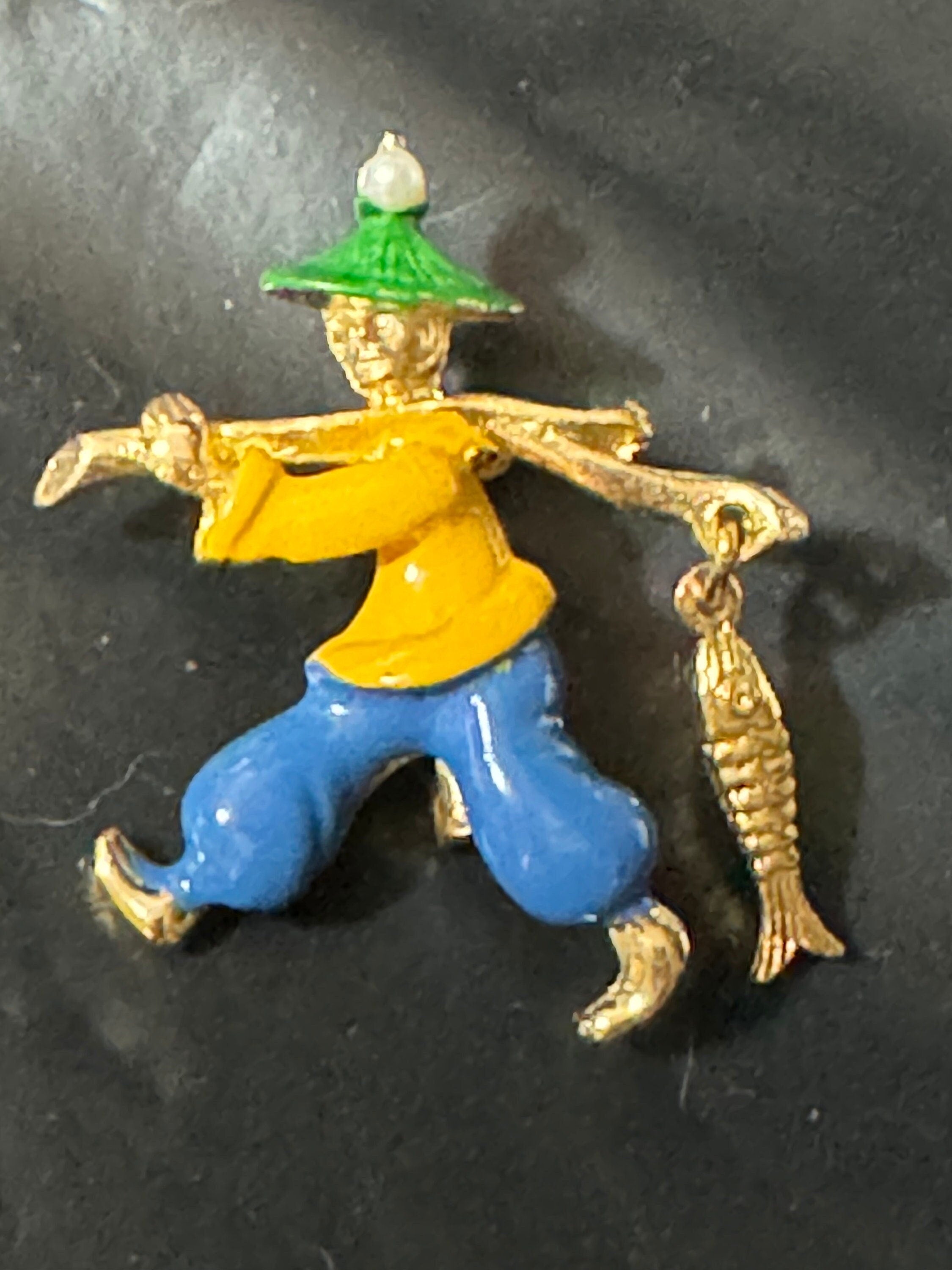 Vintage blue yellow green enamel China man Chinese fisherman dangly fish brooch 1960s