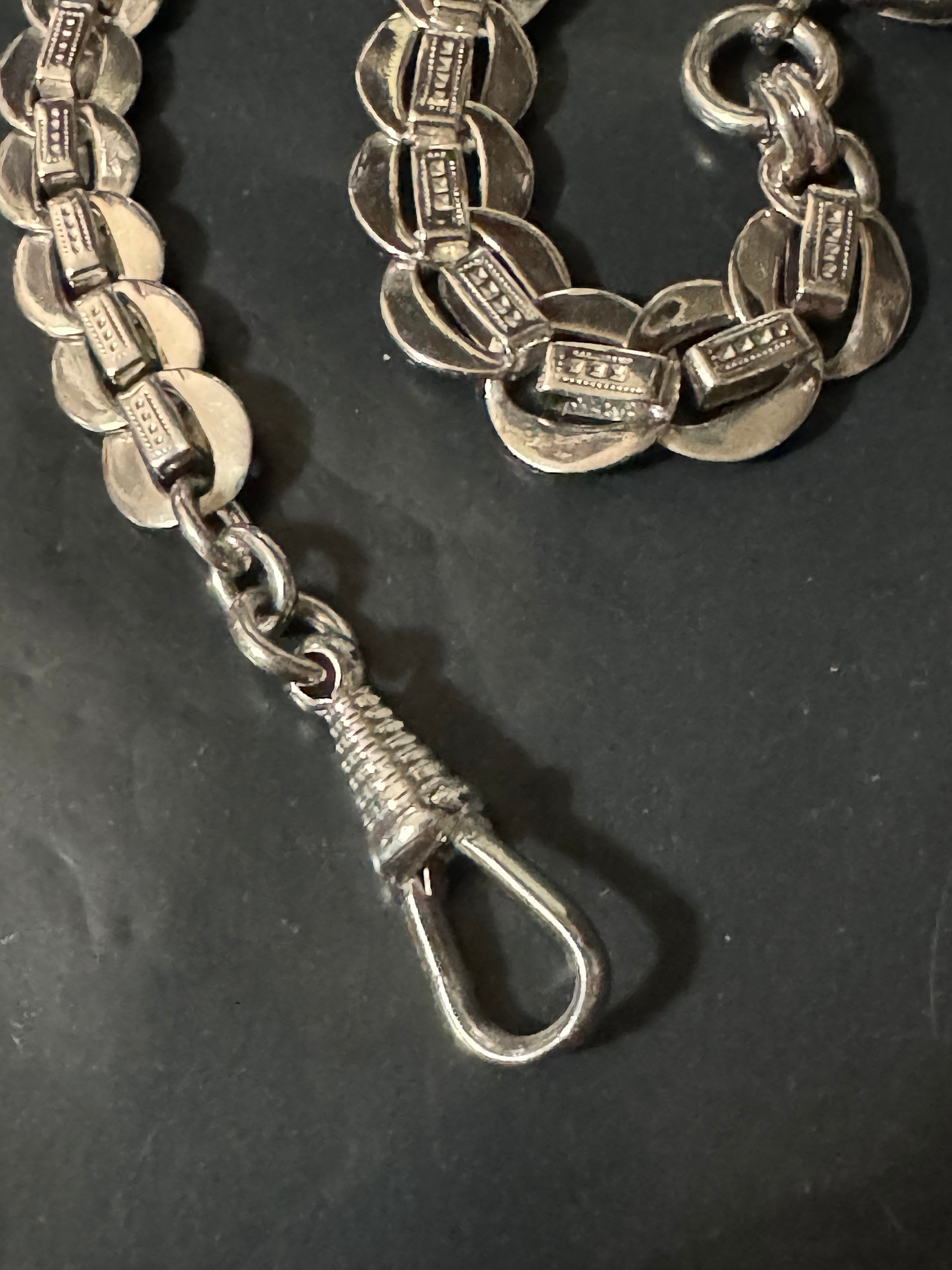 Antique Jakob Bengel Art Deco Pocket Watch Chain: Chrome Plated Silver Metal, 25cm