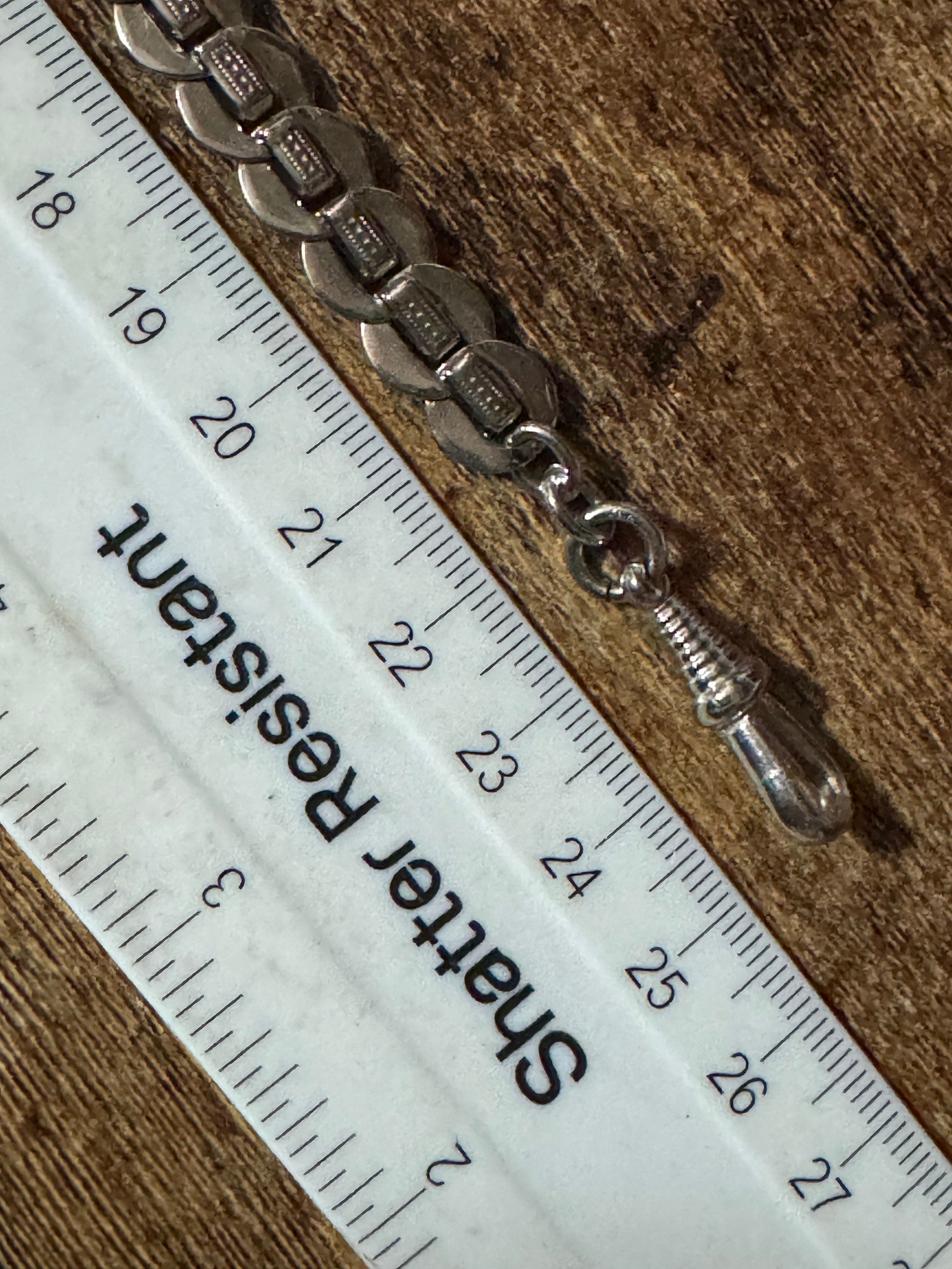 Antique Jakob Bengel Art Deco Pocket Watch Chain: Chrome Plated Silver Metal, 25cm