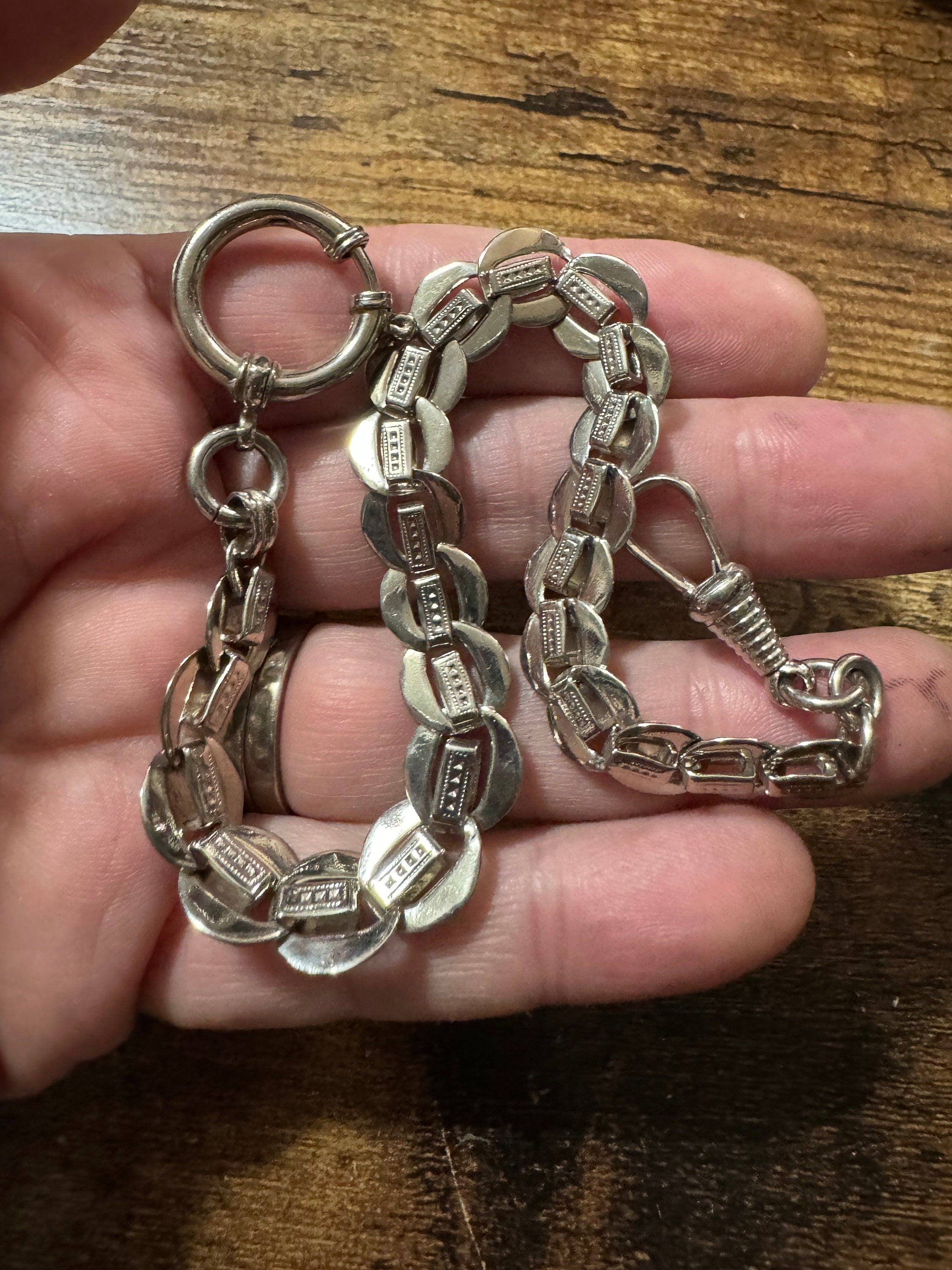 Antique Jakob Bengel Art Deco Pocket Watch Chain: Chrome Plated Silver Metal, 25cm