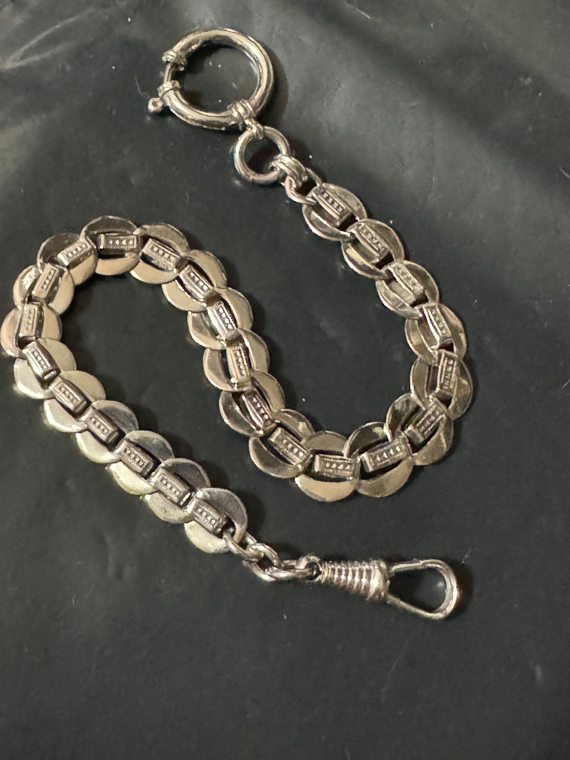 Antique Jakob Bengel Art Deco Pocket Watch Chain: Chrome Plated Silver Metal, 25cm