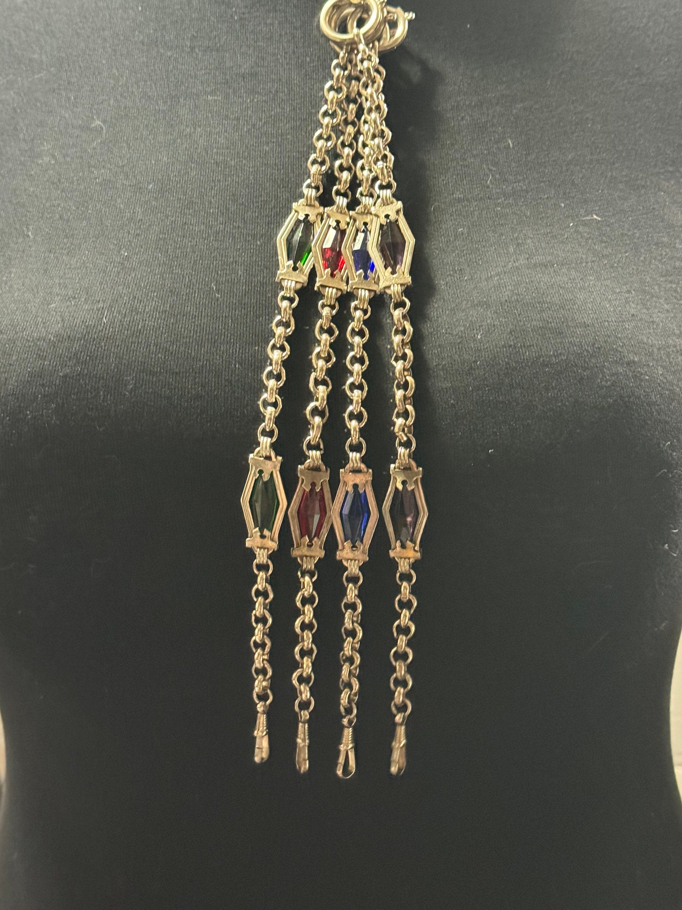 Antique Jakob Bengel Art Deco Pocket Watch Chain: Purple Glass, Chrome Plated