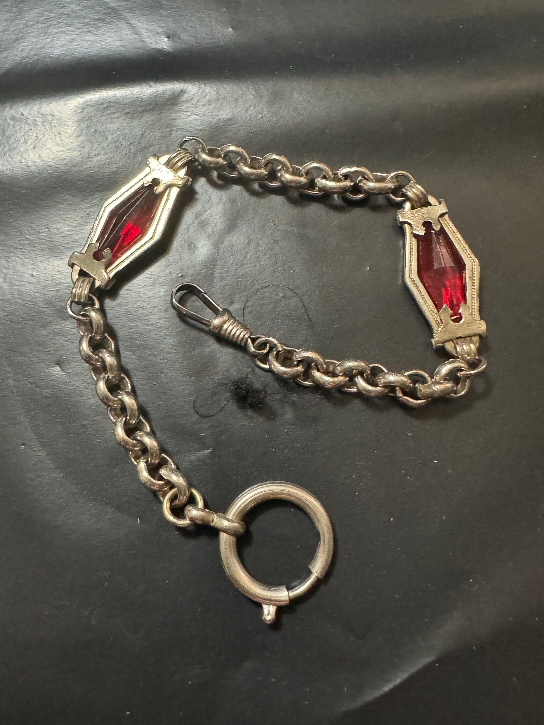 Antique Jakob Bengel Art Deco Pocket Watch Chain: Ruby Red Glass, Chrome Plated (25cm)