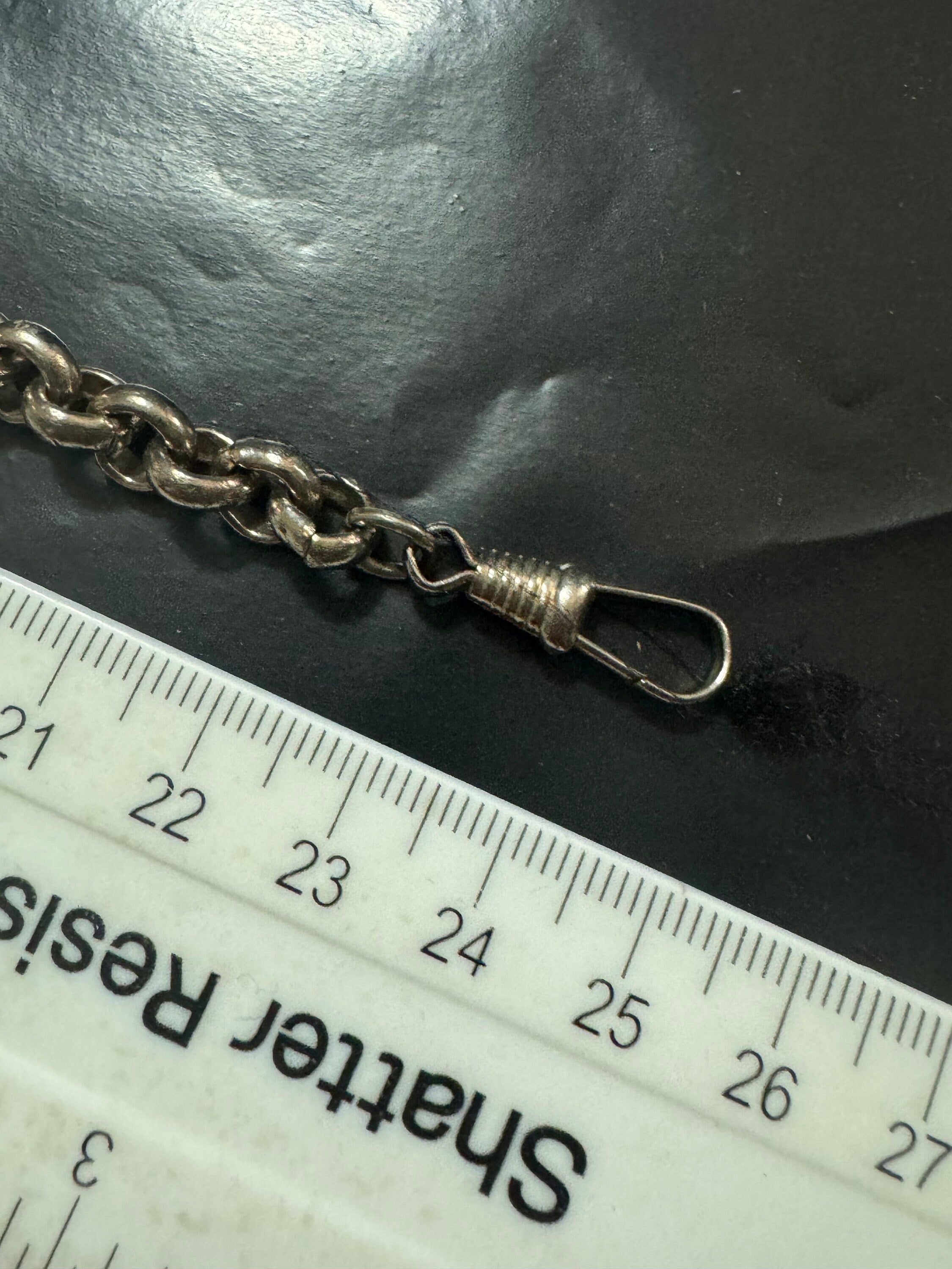 Antique Jakob Bengel Art Deco Pocket Watch Chain: Ruby Red Glass, Chrome Plated (25cm)