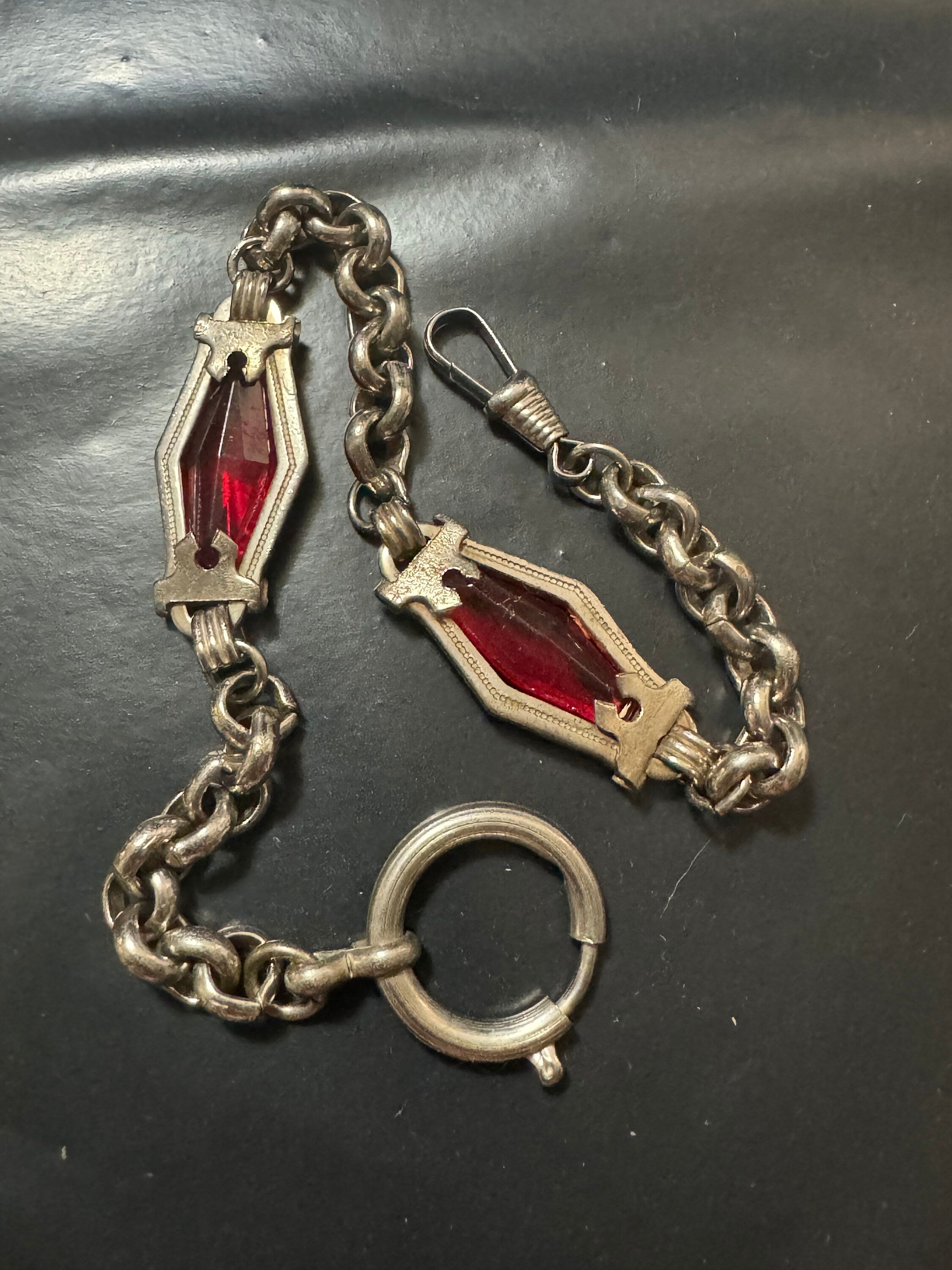 Antique Jakob Bengel Art Deco Pocket Watch Chain: Ruby Red Glass, Chrome Plated (25cm)