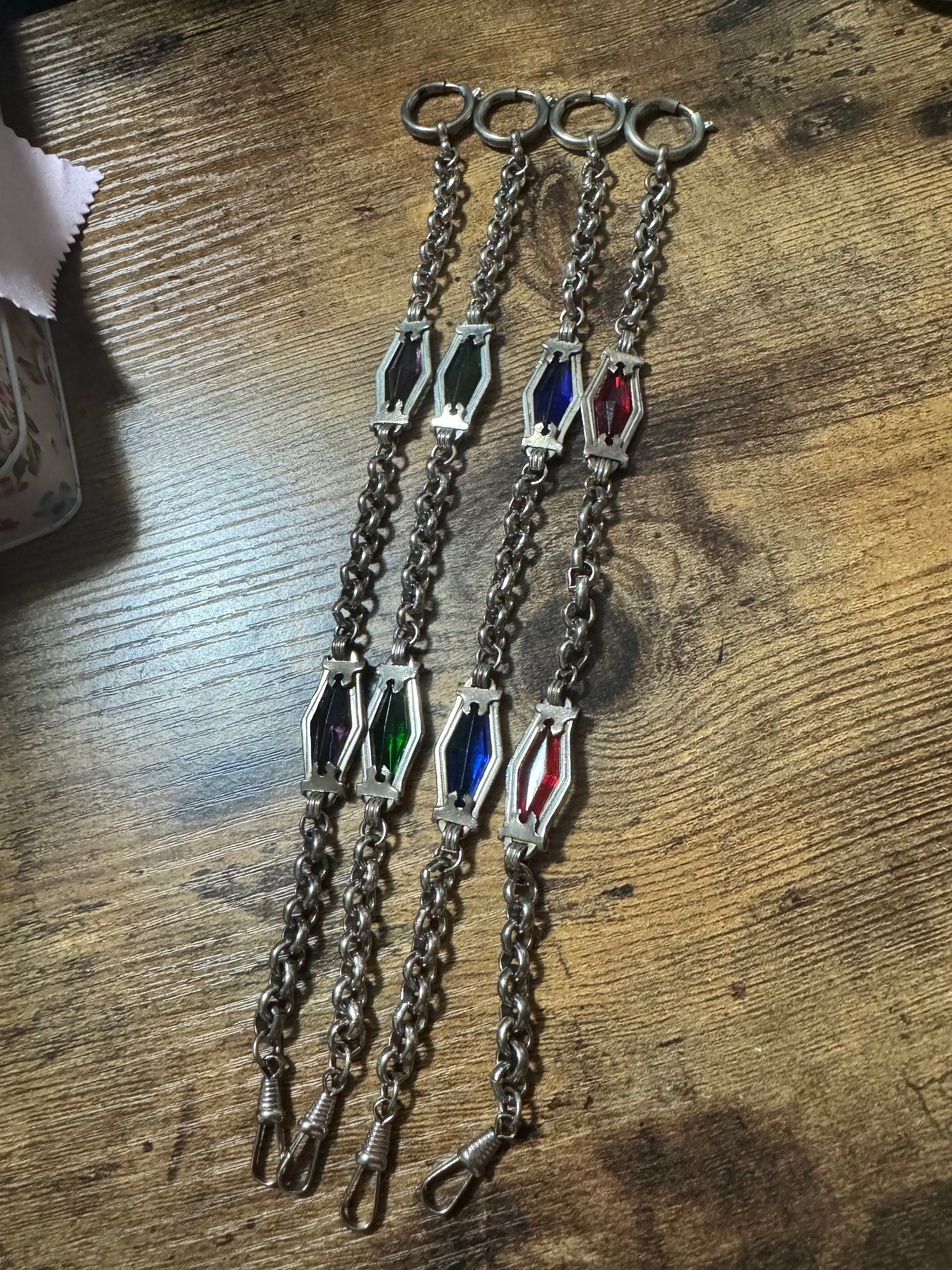 Antique Jakob Bengel Art Deco Pocket Watch Chain: Ruby Red Glass, Chrome Plated (25cm)