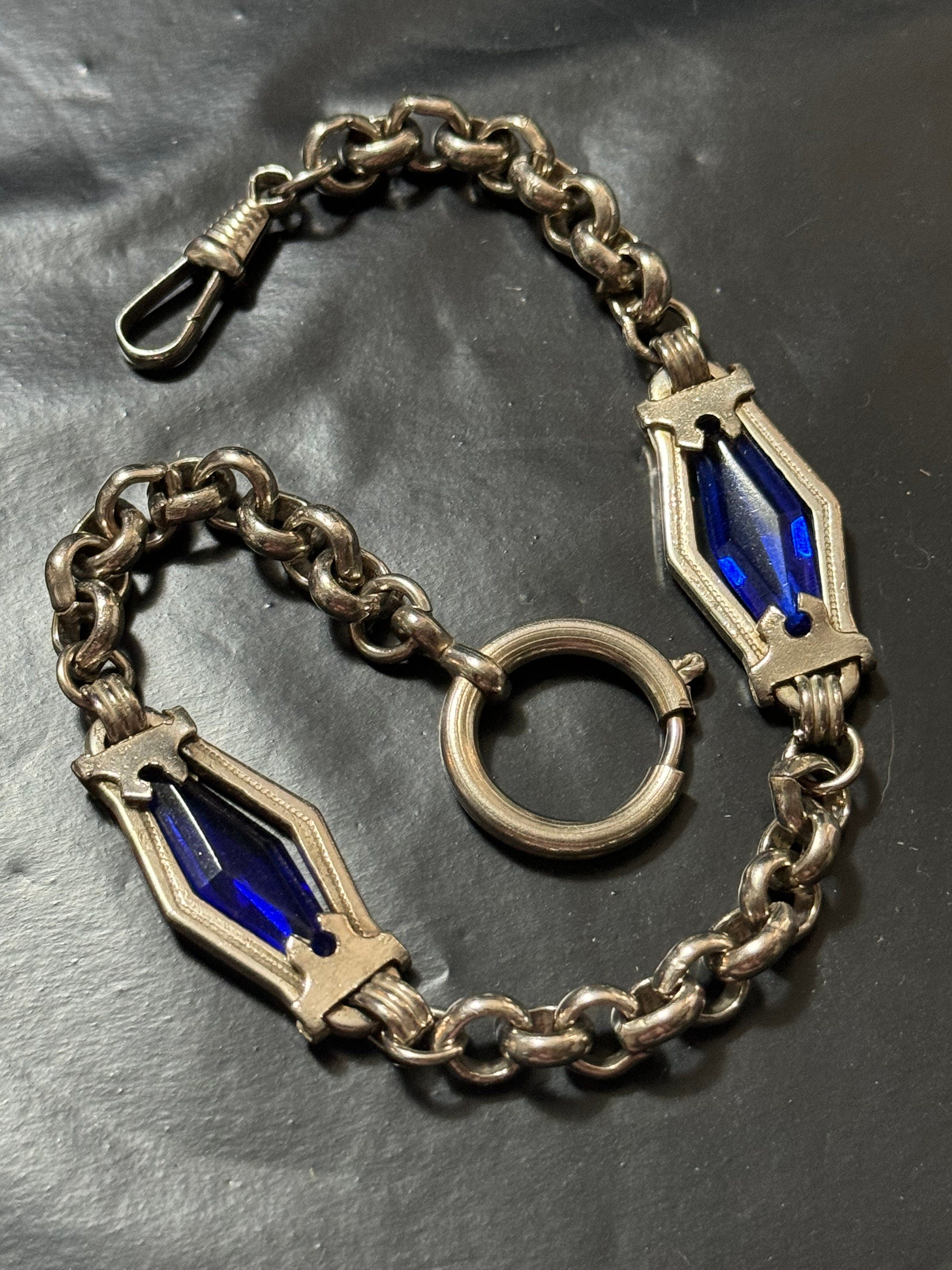Antique Jakob Bengel Art Deco Pocket Watch Chain: Sapphire Blue Glass, Chrome Plated (25cm)