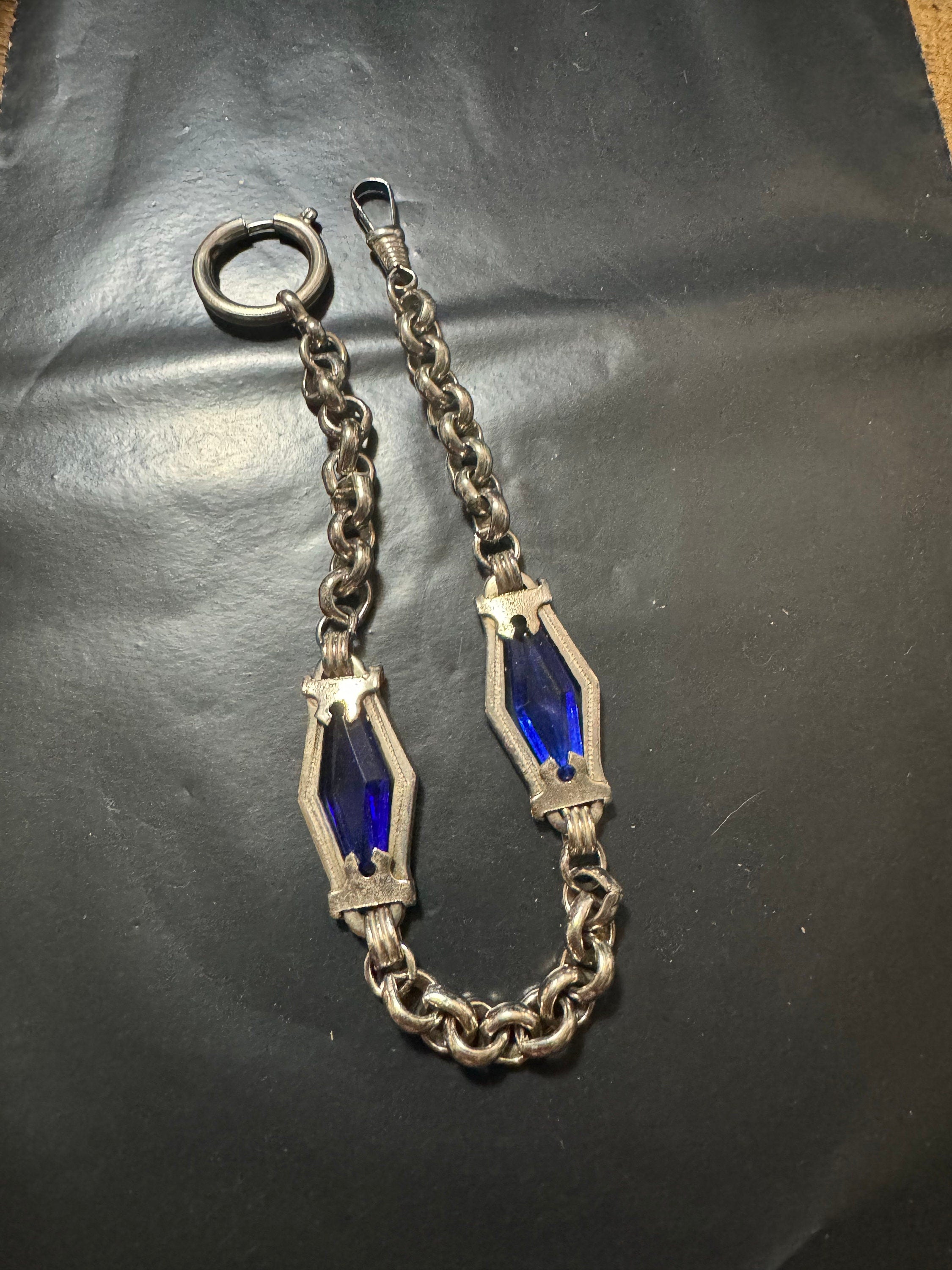 Antique Jakob Bengel Art Deco Pocket Watch Chain: Sapphire Blue Glass, Chrome Plated (25cm)