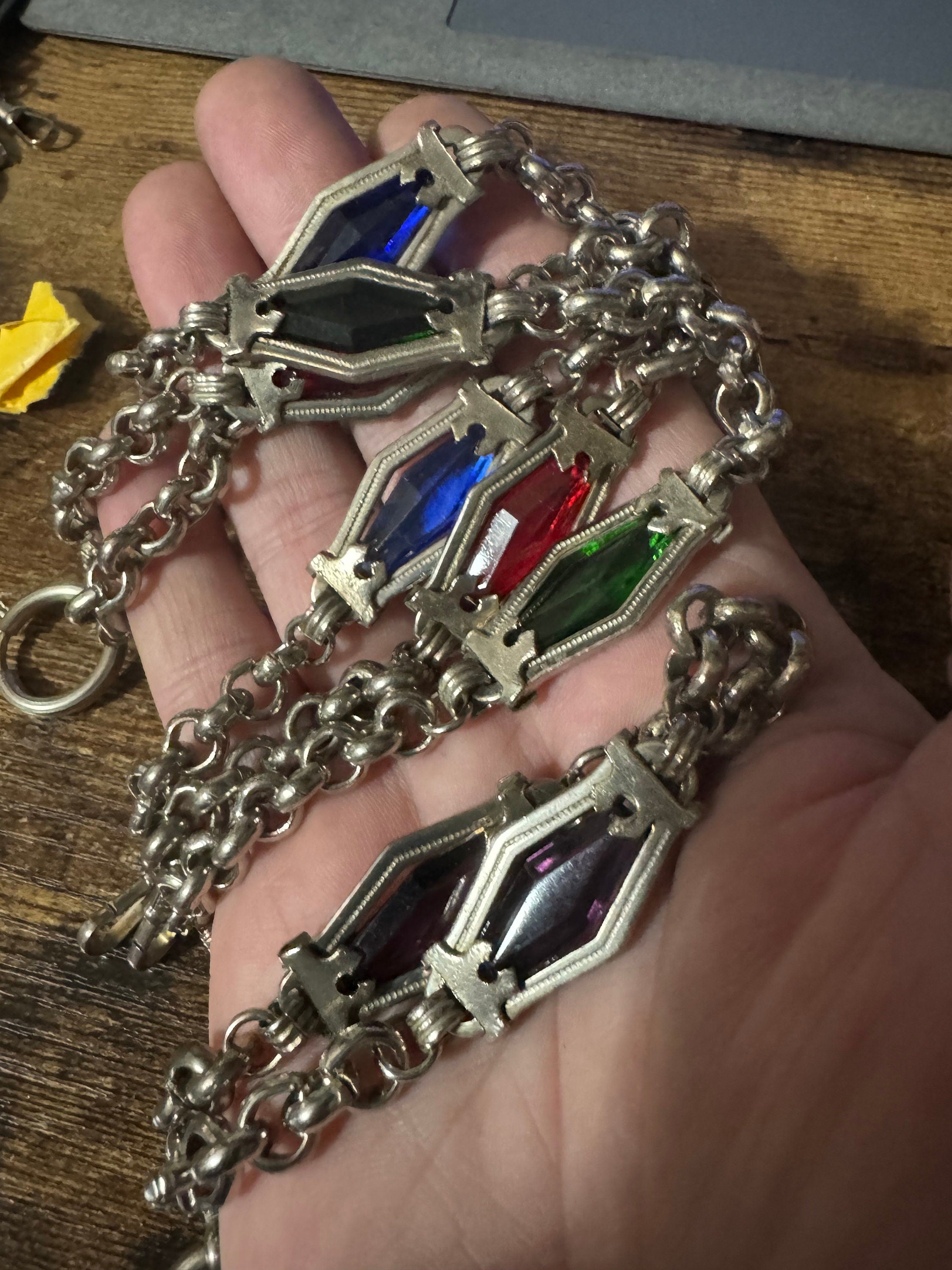 Antique Jakob Bengel Art Deco Pocket Watch Chain: Sapphire Blue Glass, Chrome Plated (25cm)