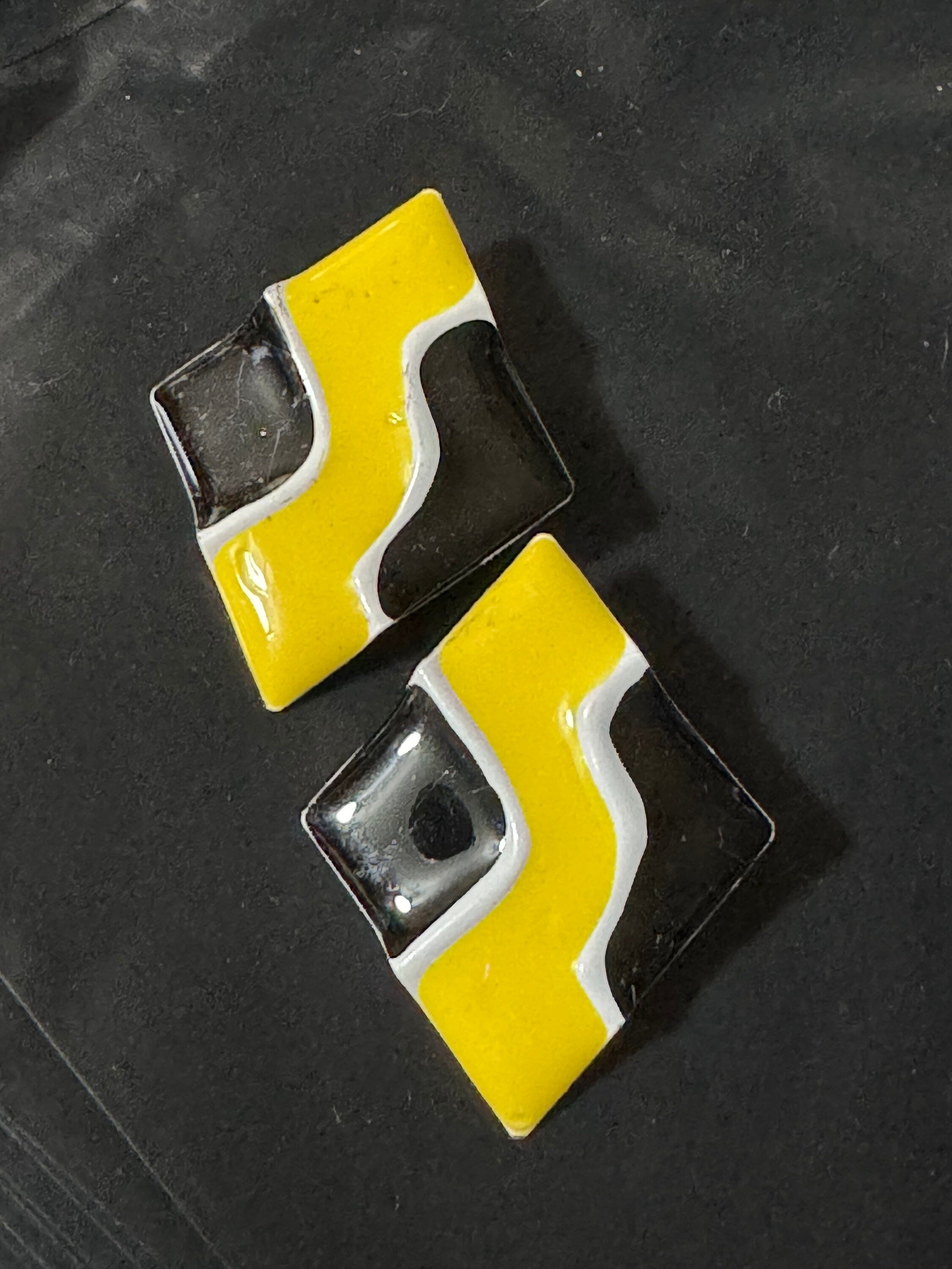 Vintage black Bright Yellow white enamel large diamond shaped oversized stud earrings for pierced ears old retro shop stock