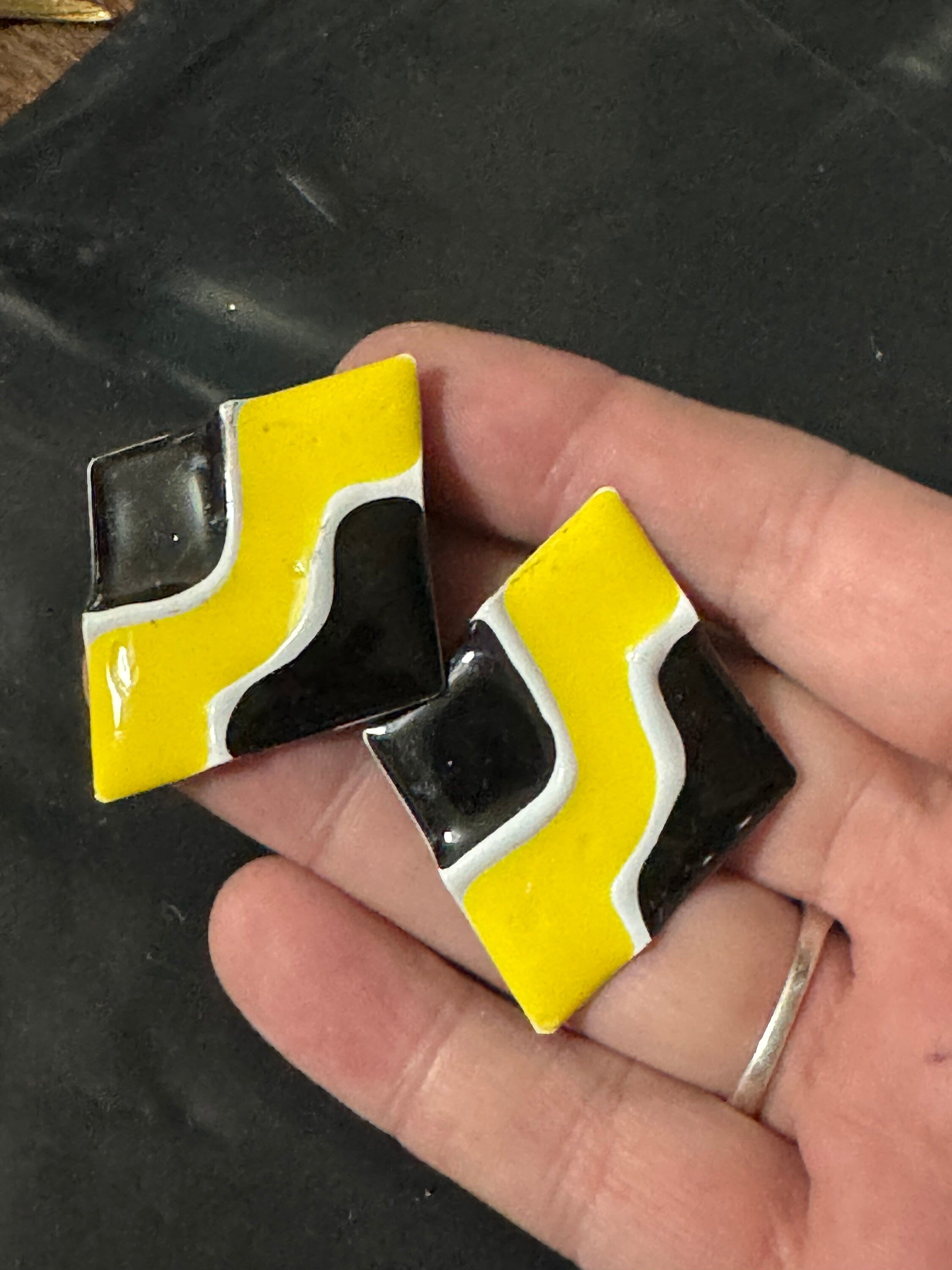 Vintage black Bright Yellow white enamel large diamond shaped oversized stud earrings for pierced ears old retro shop stock