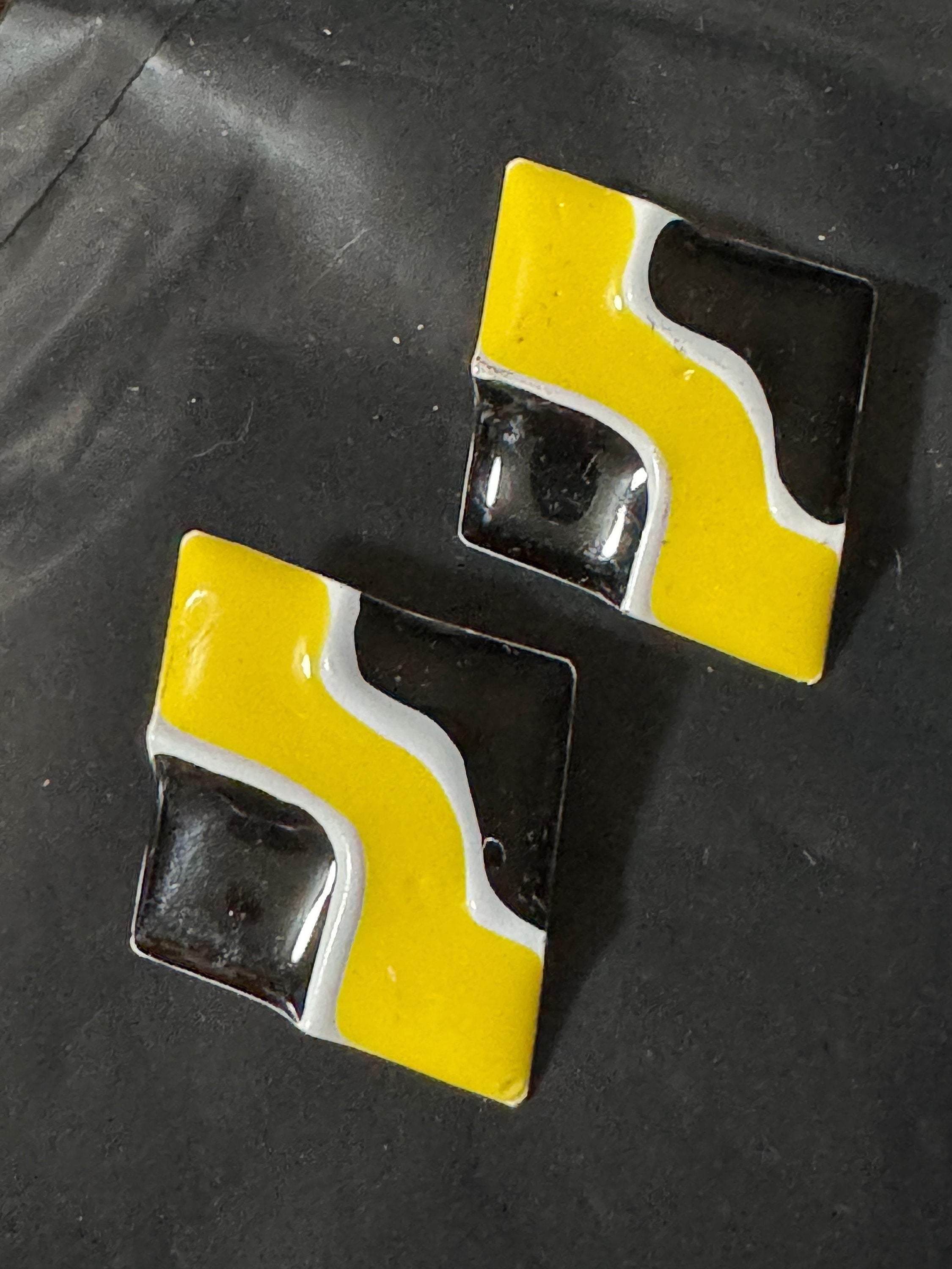 Vintage black Bright Yellow white enamel large diamond shaped oversized stud earrings for pierced ears old retro shop stock