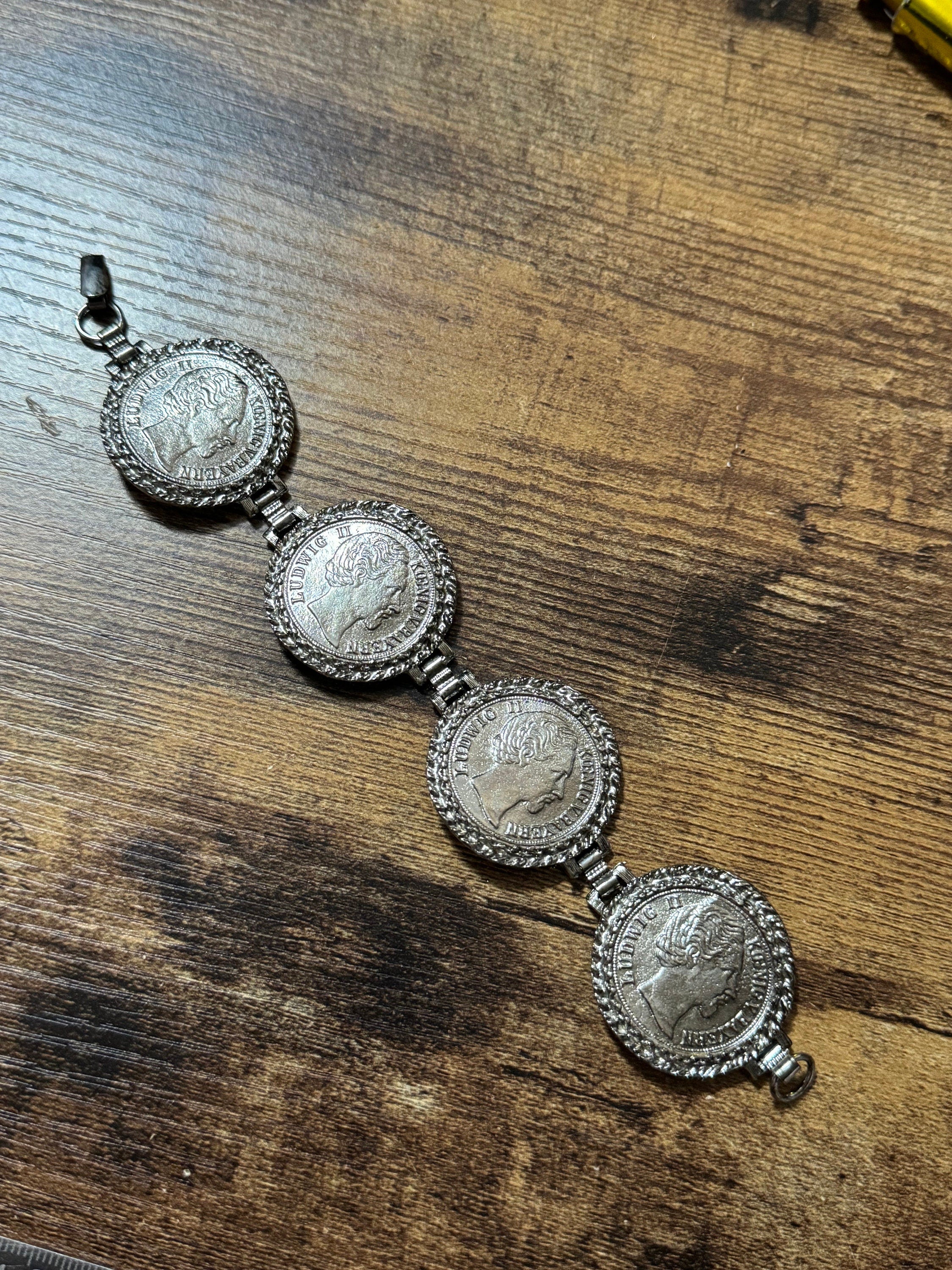 vintage chunky oversized silver tone coin bracelet 19.5cm old shop stock unused