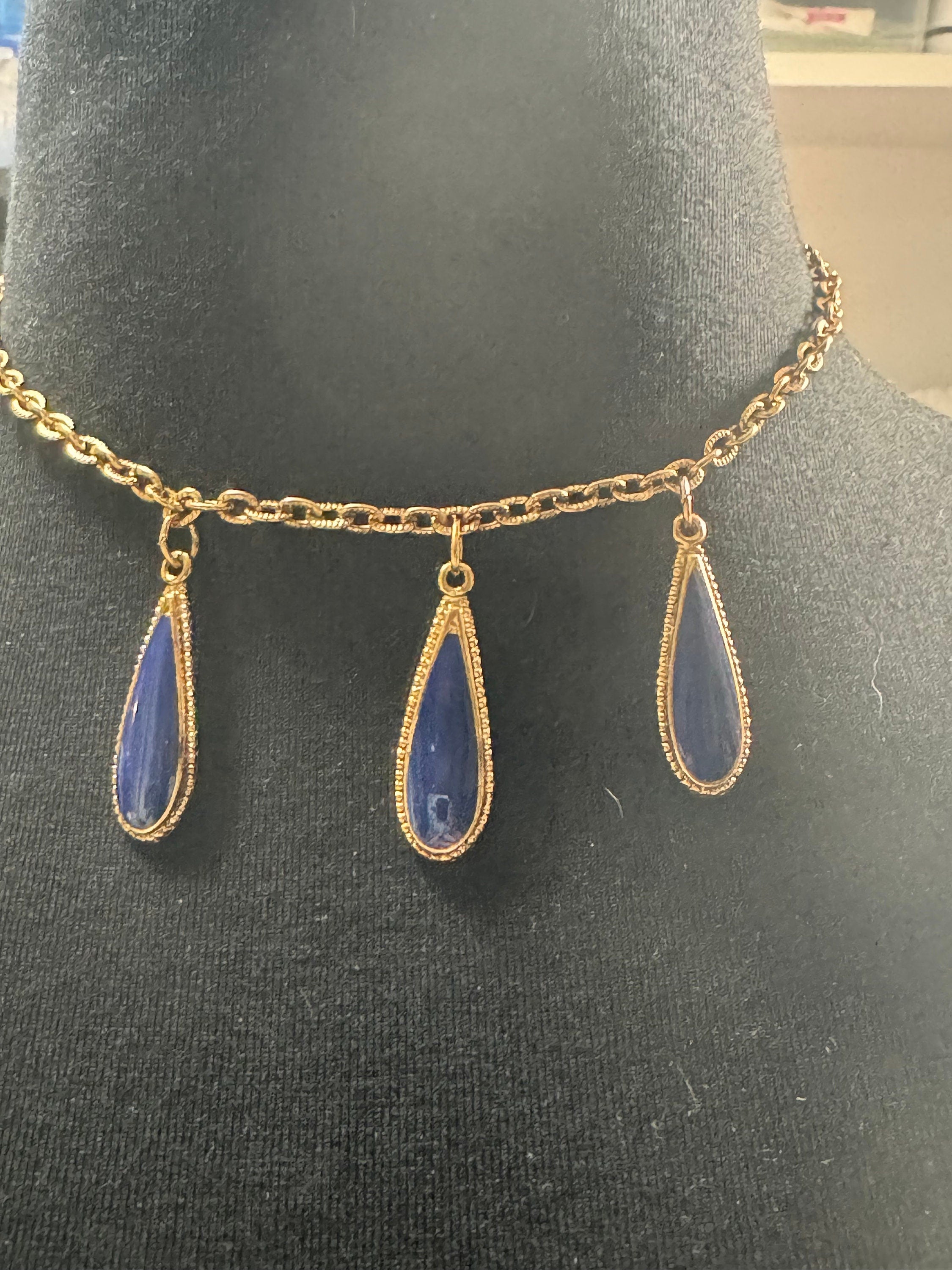 vintage blue enamel teardrop gold tone necklace