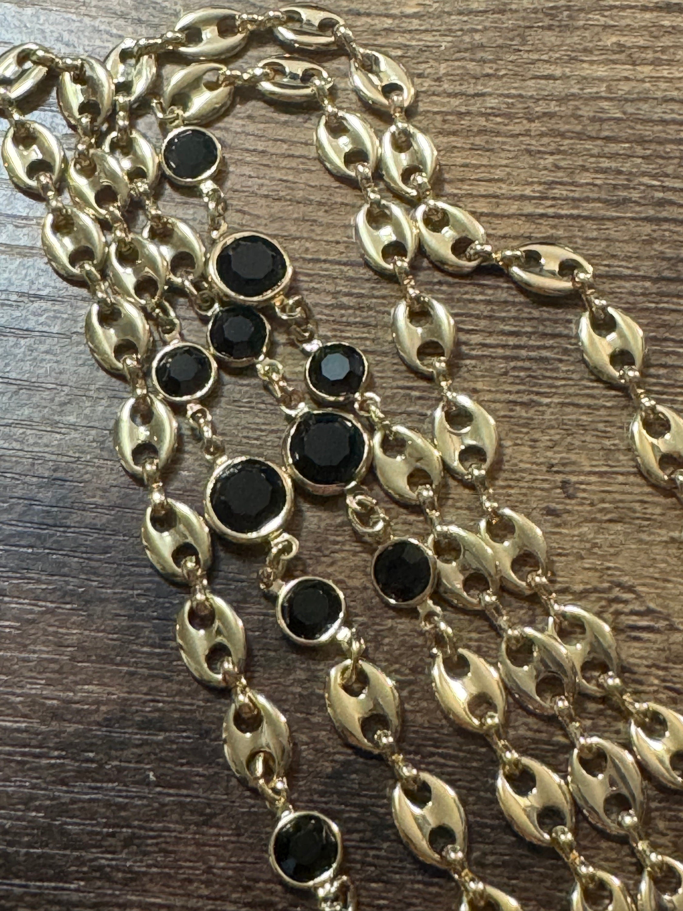 Gold Plated Mariner Chain Necklace: Black Glass Rivière, 31.5 inch