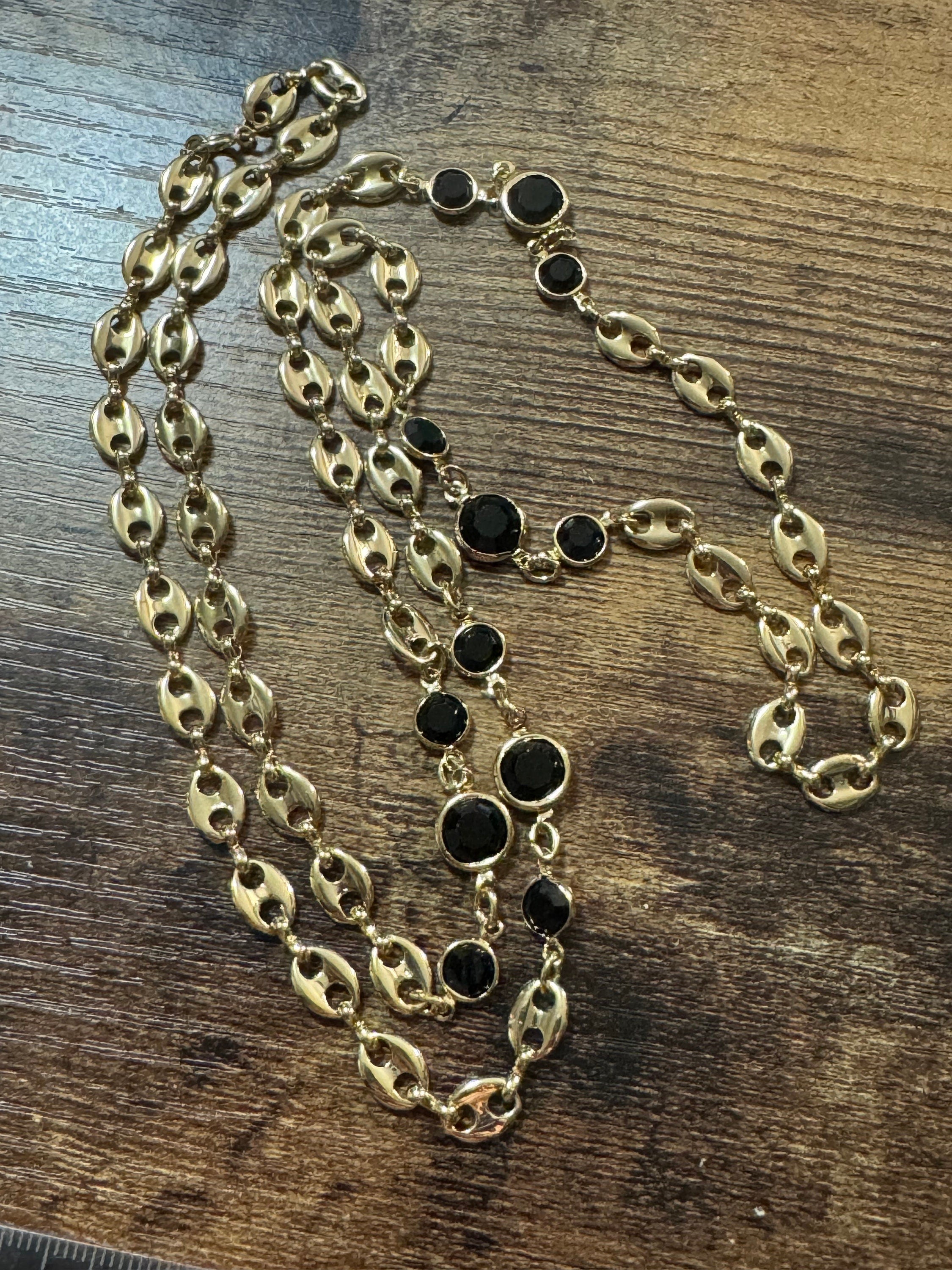 Gold Plated Mariner Chain Necklace: Black Glass Rivière, 31.5 inch
