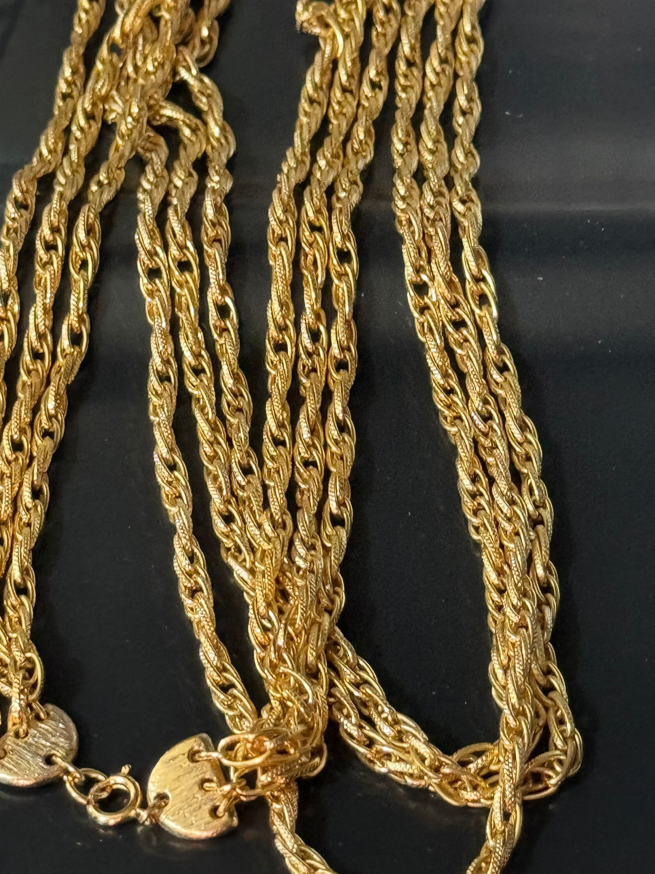 Vintage Gold Tone Rope Chain Necklace: Multi Strand Waterfall, 25 inch