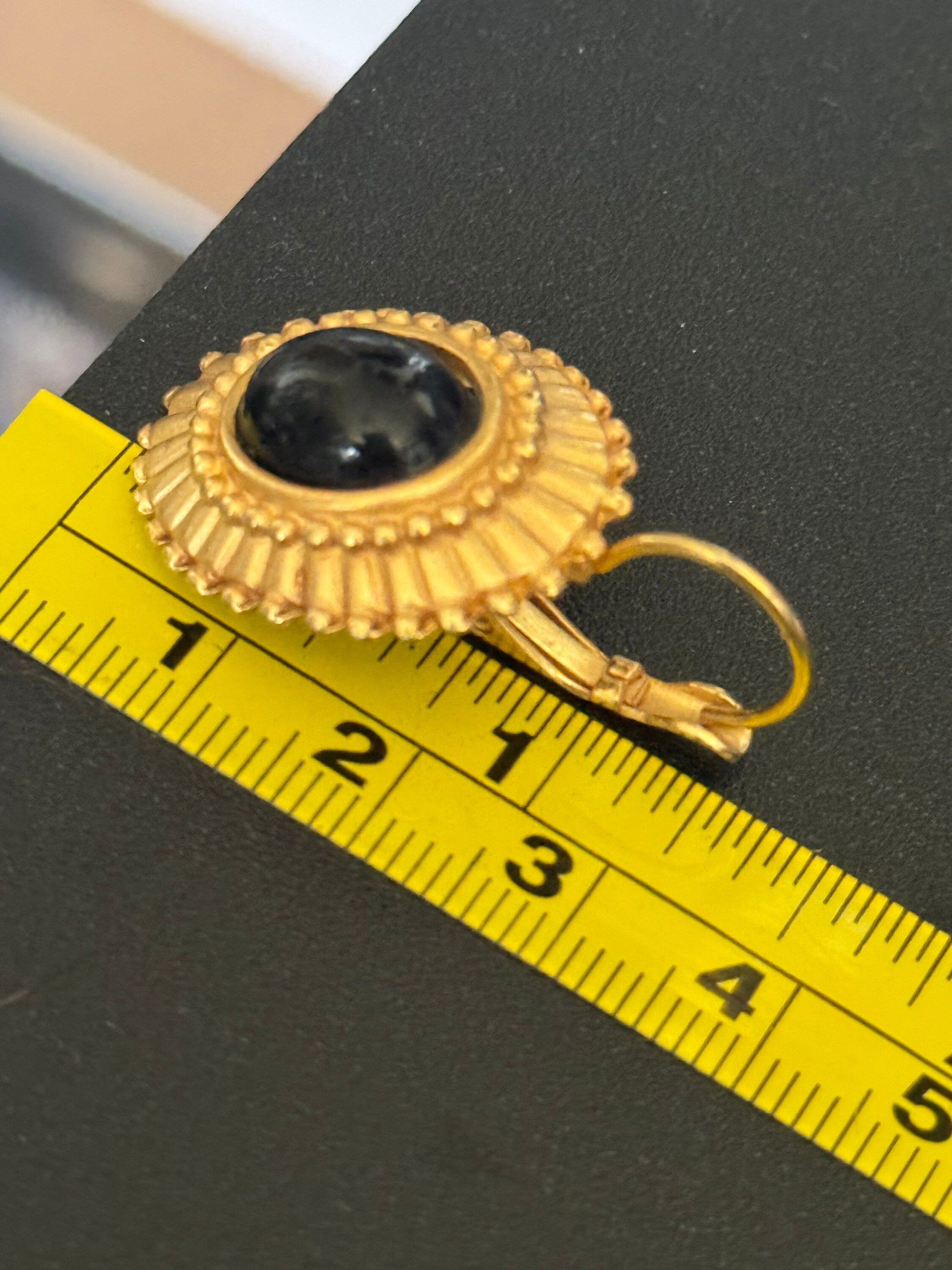 Signed Gold Ornate Black Cabochon Earrings: Etruscan Style