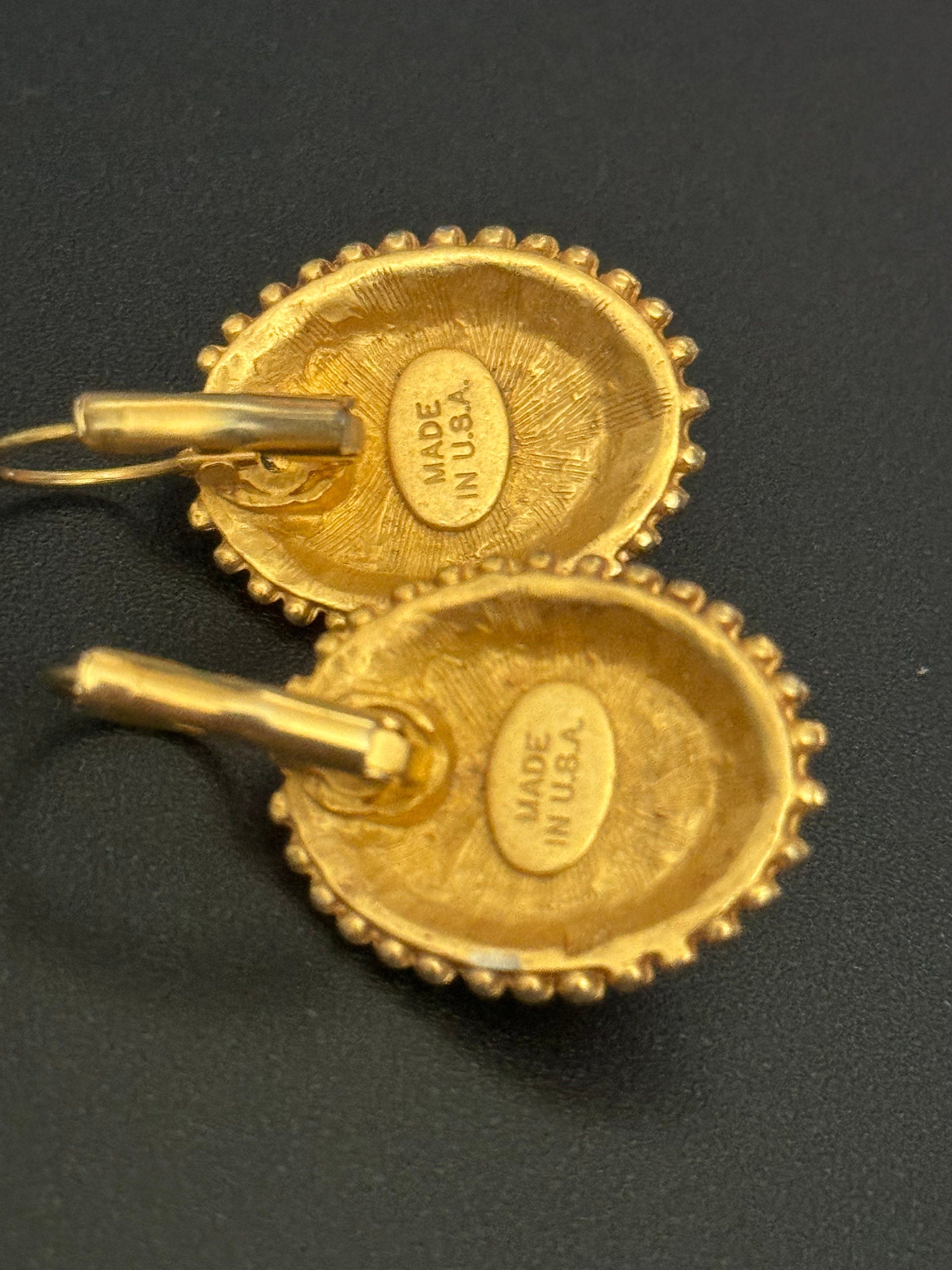 Signed Gold Ornate Black Cabochon Earrings: Etruscan Style