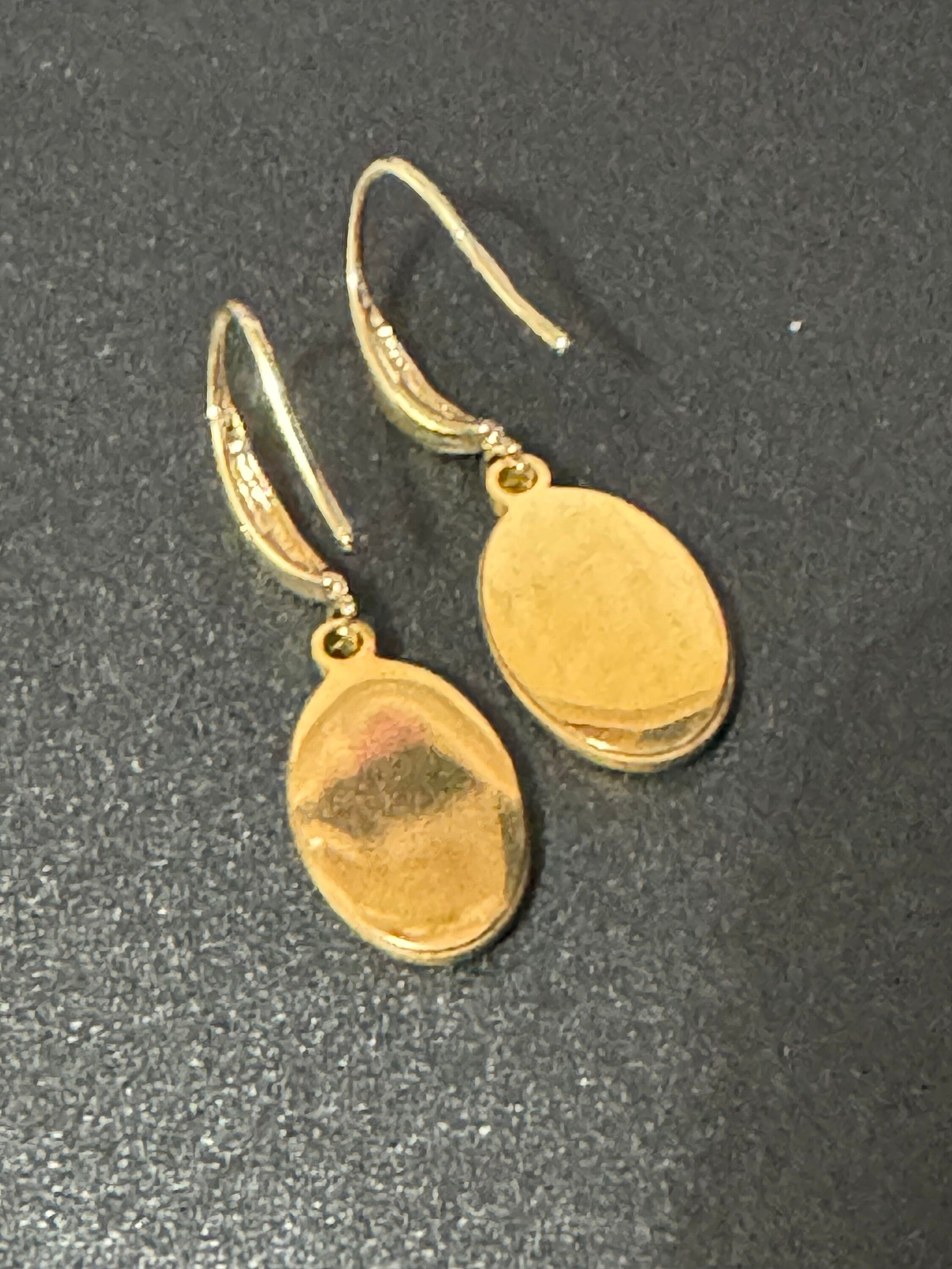 18k gold plated pink enamel religious icon Victorian charm drop earrings