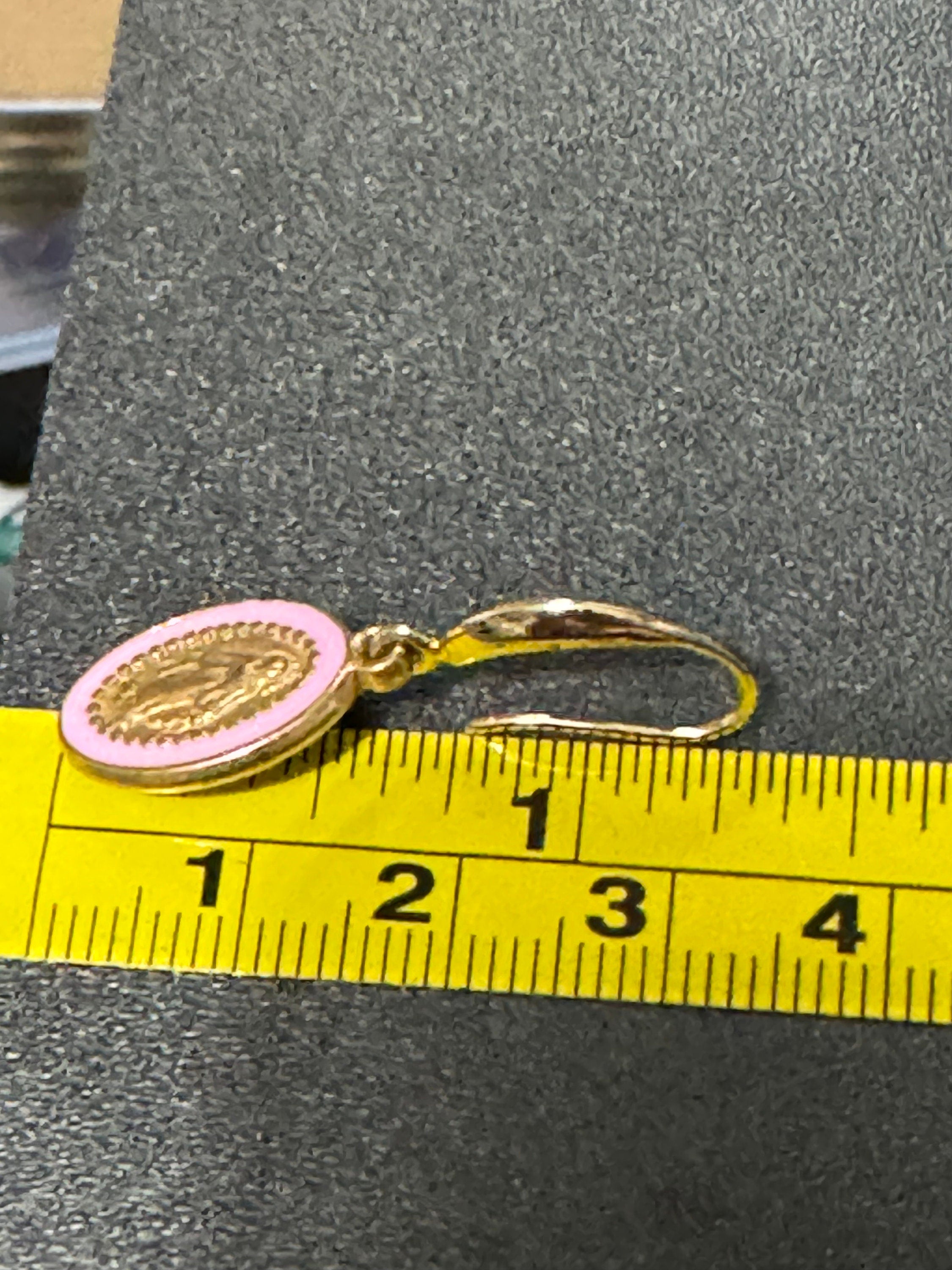 18k gold plated pink enamel religious icon Victorian charm drop earrings