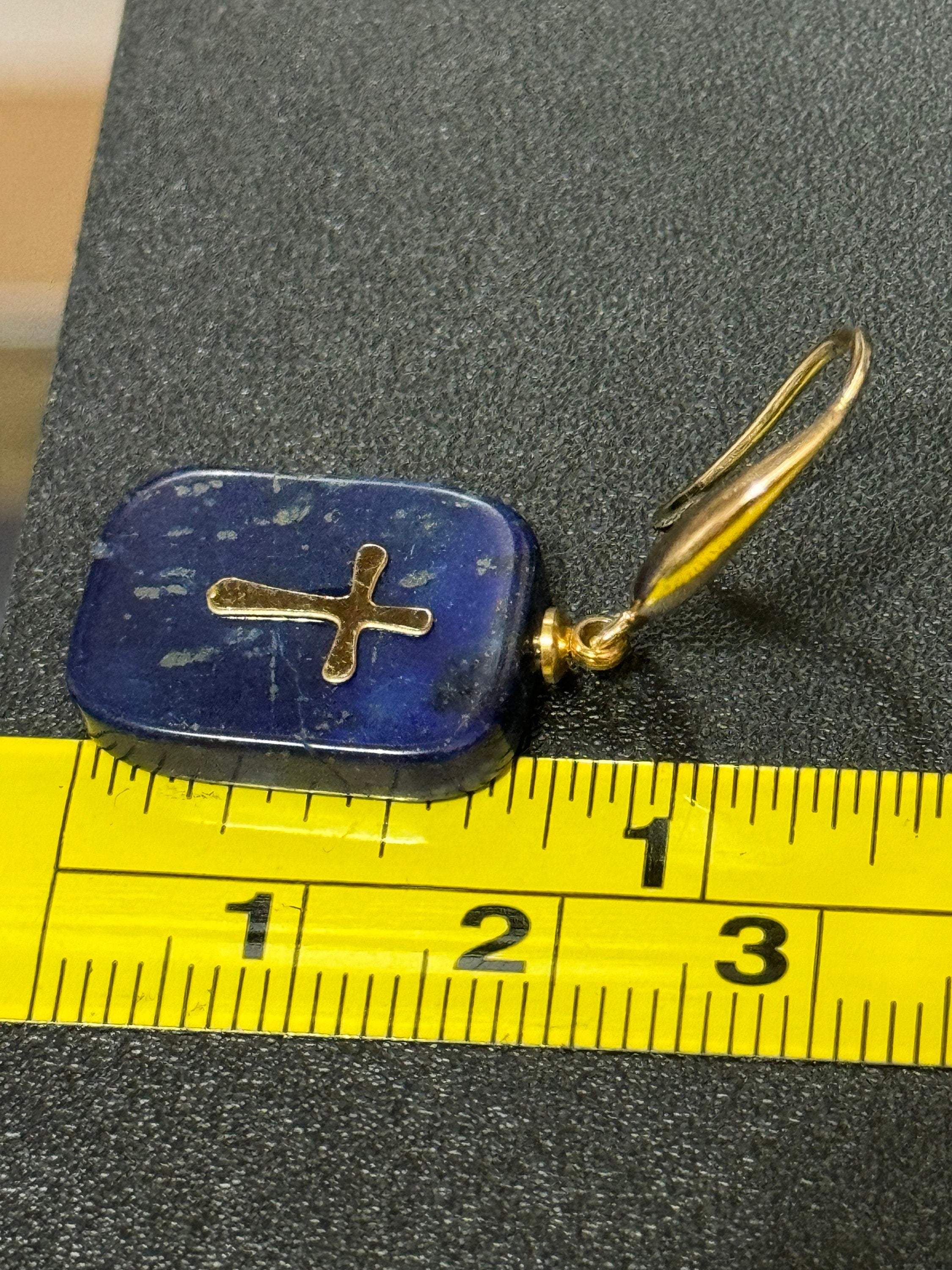 Blue lapis lazuli stone cross charm drop earrings 18k gold plated gemstone Victorian style