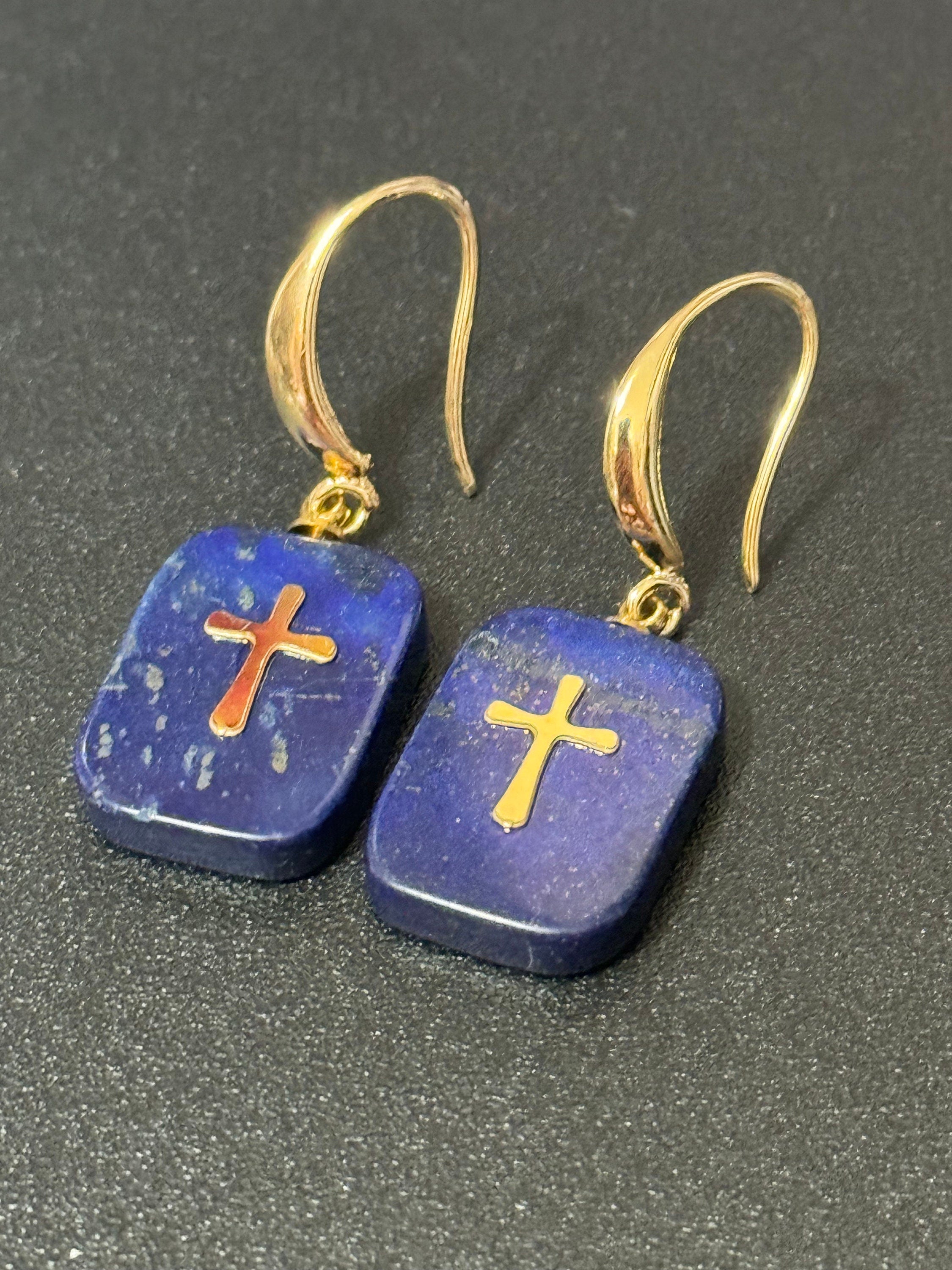 Blue lapis lazuli stone cross charm drop earrings 18k gold plated gemstone Victorian style
