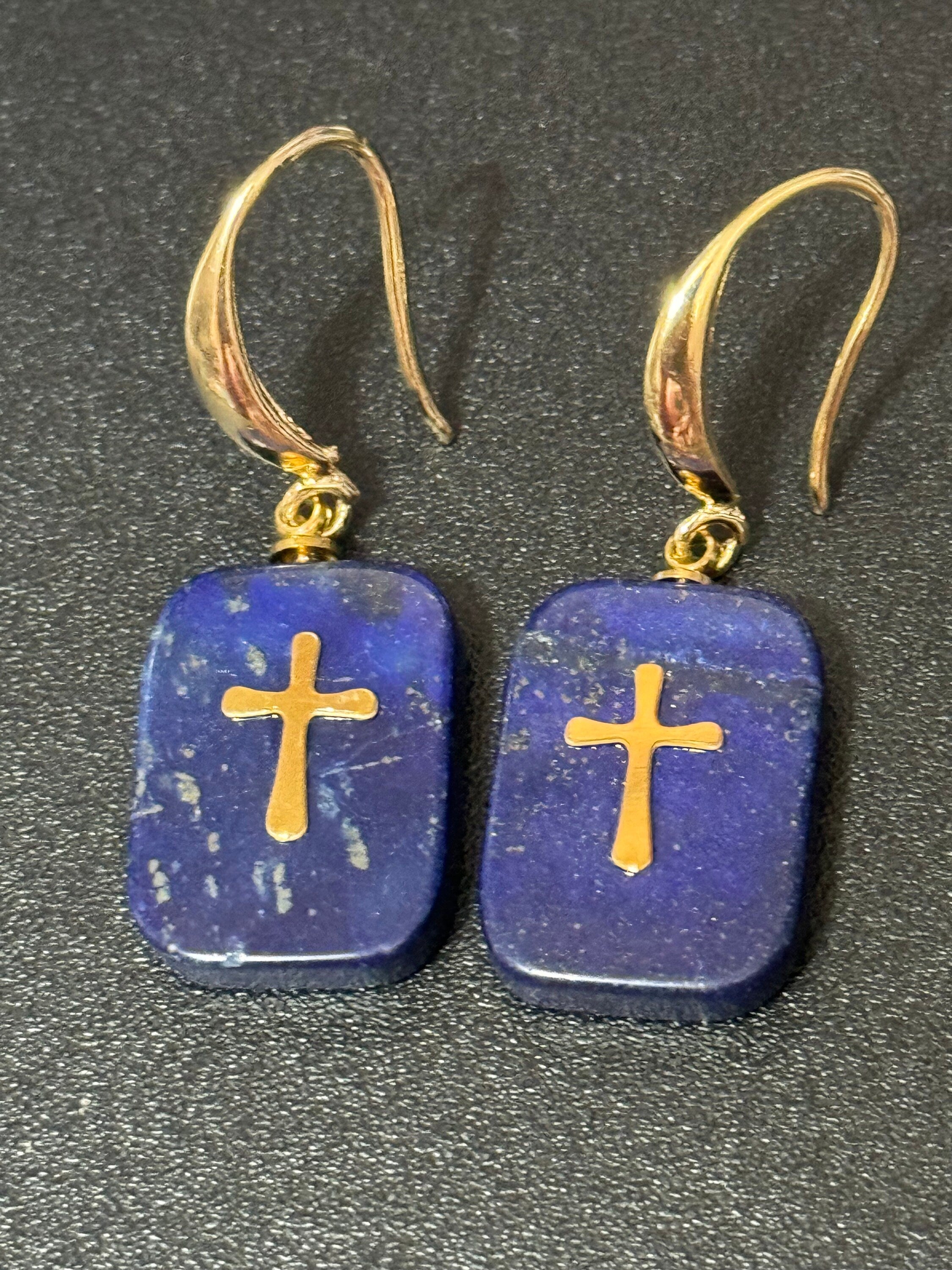 Blue lapis lazuli stone cross charm drop earrings 18k gold plated gemstone Victorian style