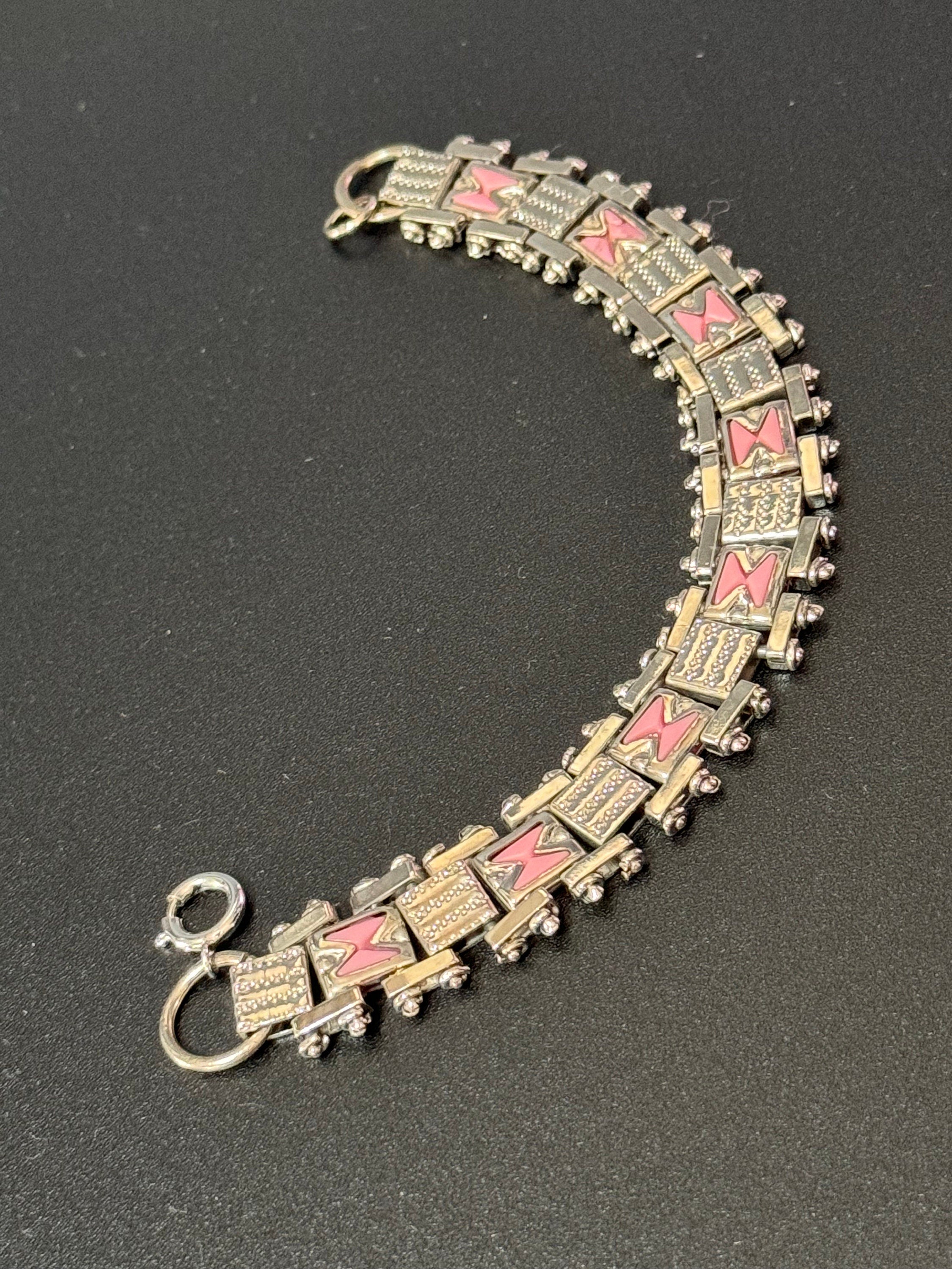 Antique Jakob Bengel Bracelet: 1920s Chromed Metal Pink Enamel Geometric Chain Link