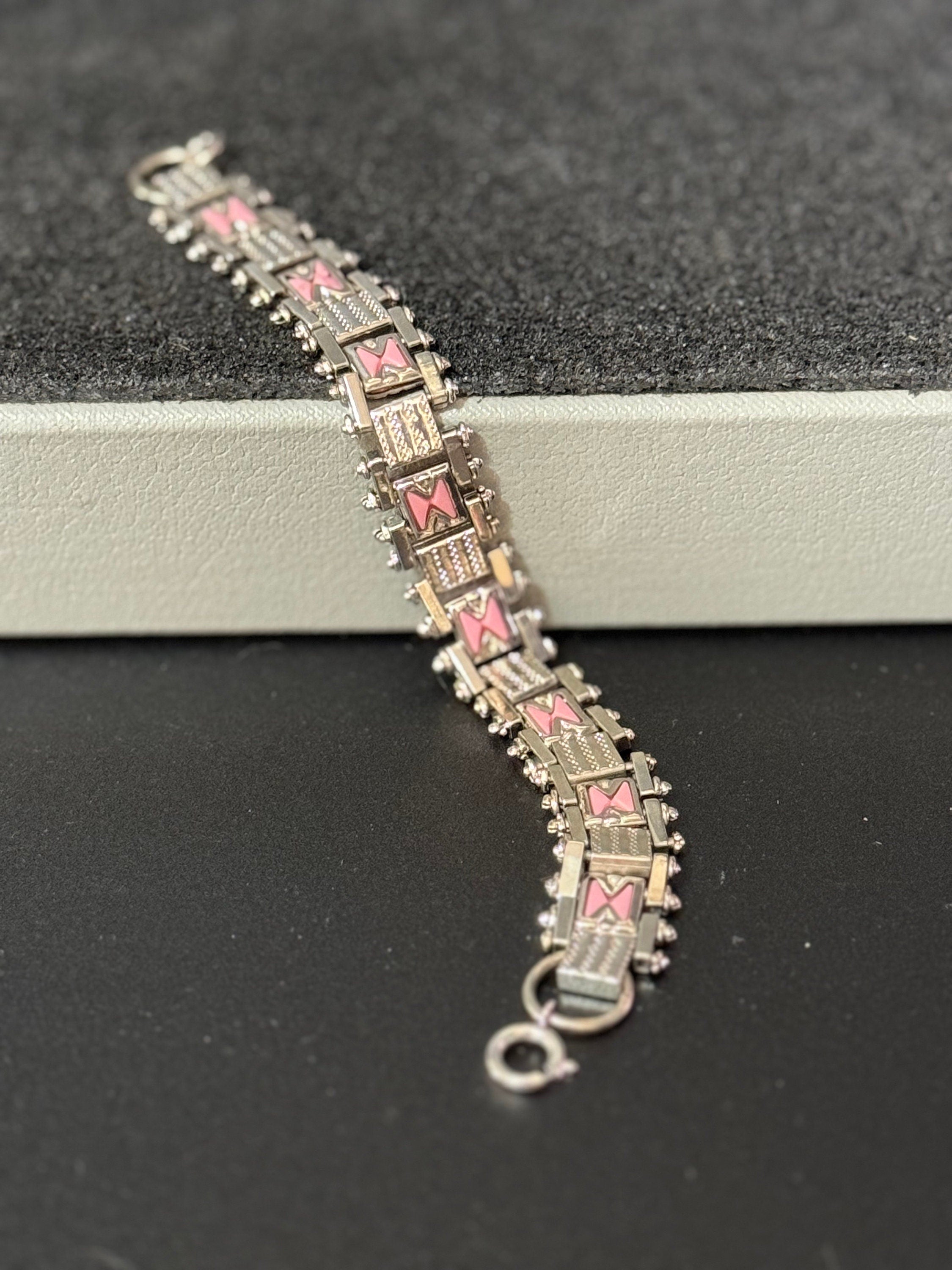 Antique Jakob Bengel Bracelet: 1920s Chromed Metal Pink Enamel Geometric Chain Link