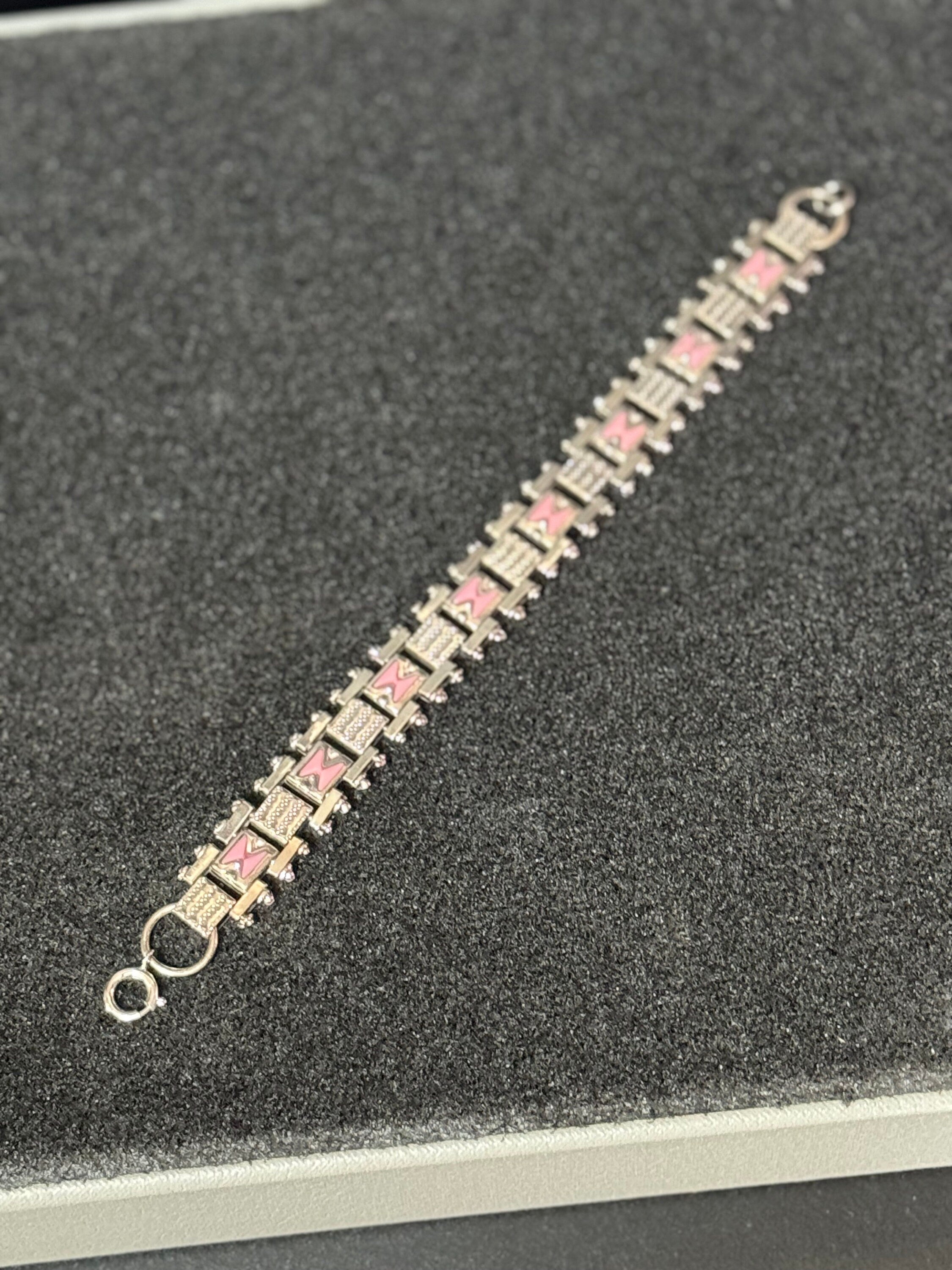 Antique Jakob Bengel Bracelet: 1920s Chromed Metal Pink Enamel Geometric Chain Link