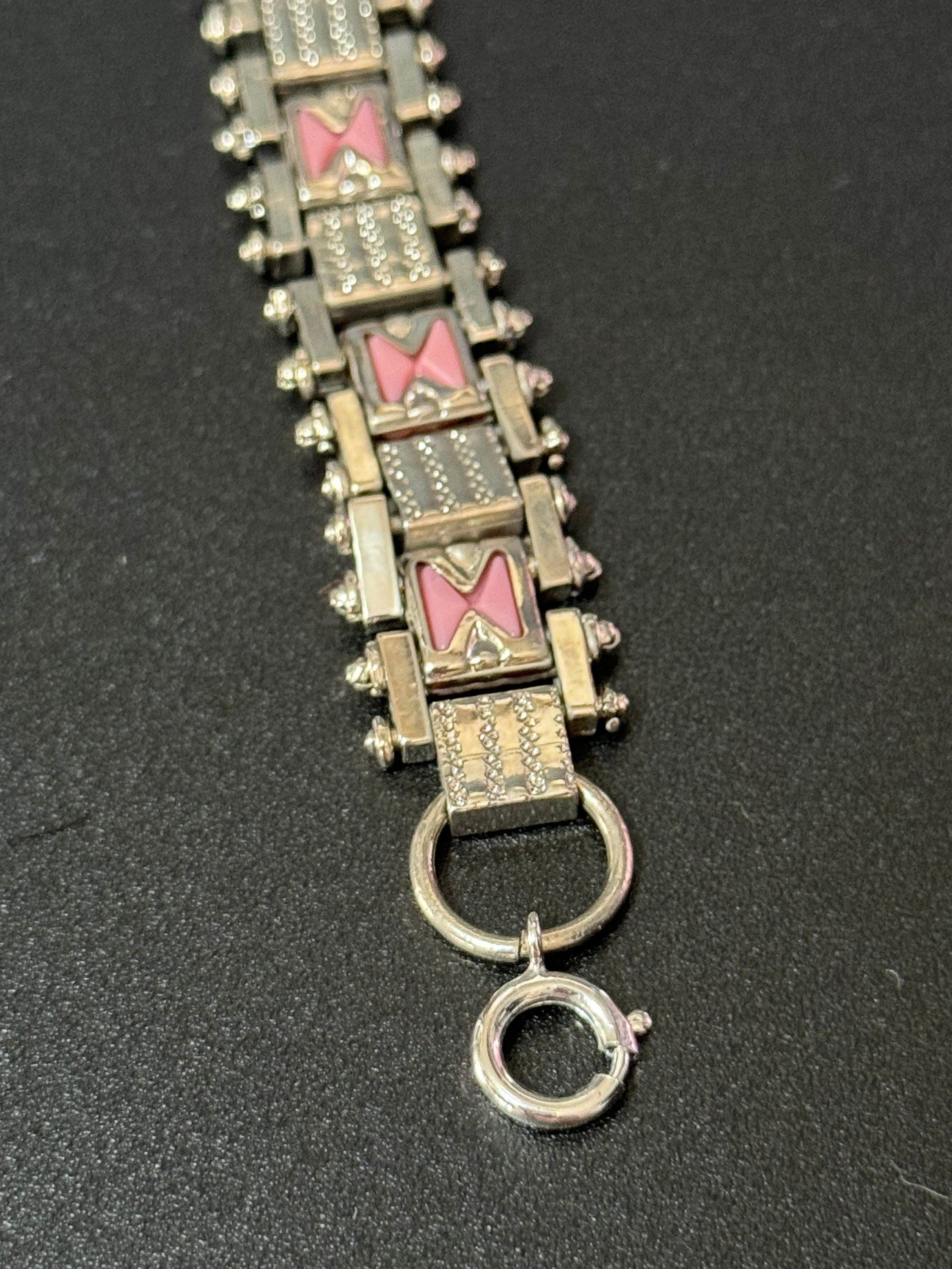 Antique Jakob Bengel Bracelet: 1920s Chromed Metal Pink Enamel Geometric Chain Link